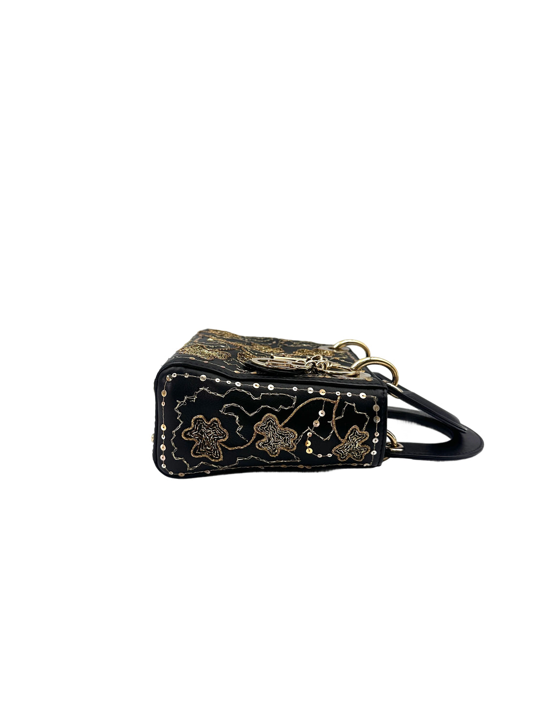 Christian Dior Lady Dior Black Gold "Clovers" Embroidered Handle Bag Wih Gold Charms IRIS138