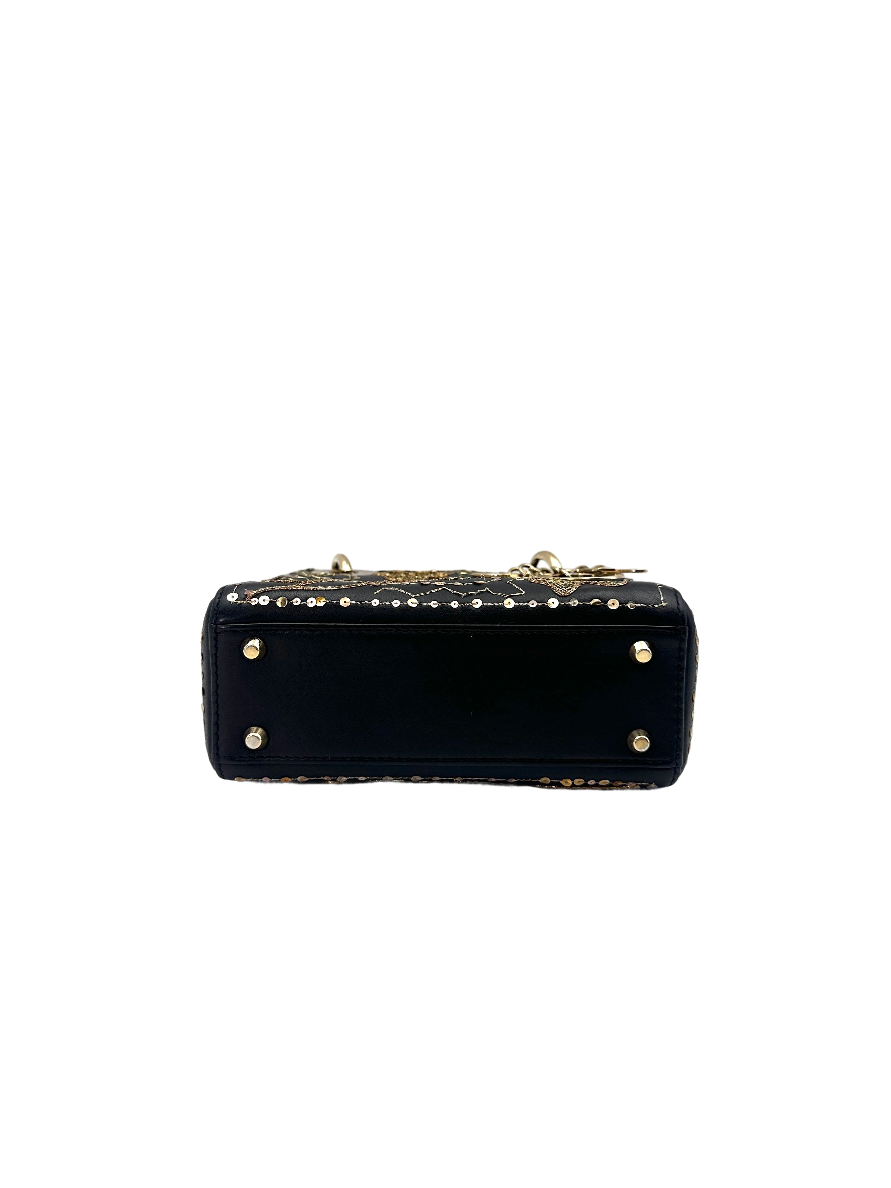 Christian Dior Lady Dior Black Gold "Clovers" Embroidered Handle Bag Wih Gold Charms IRIS138
