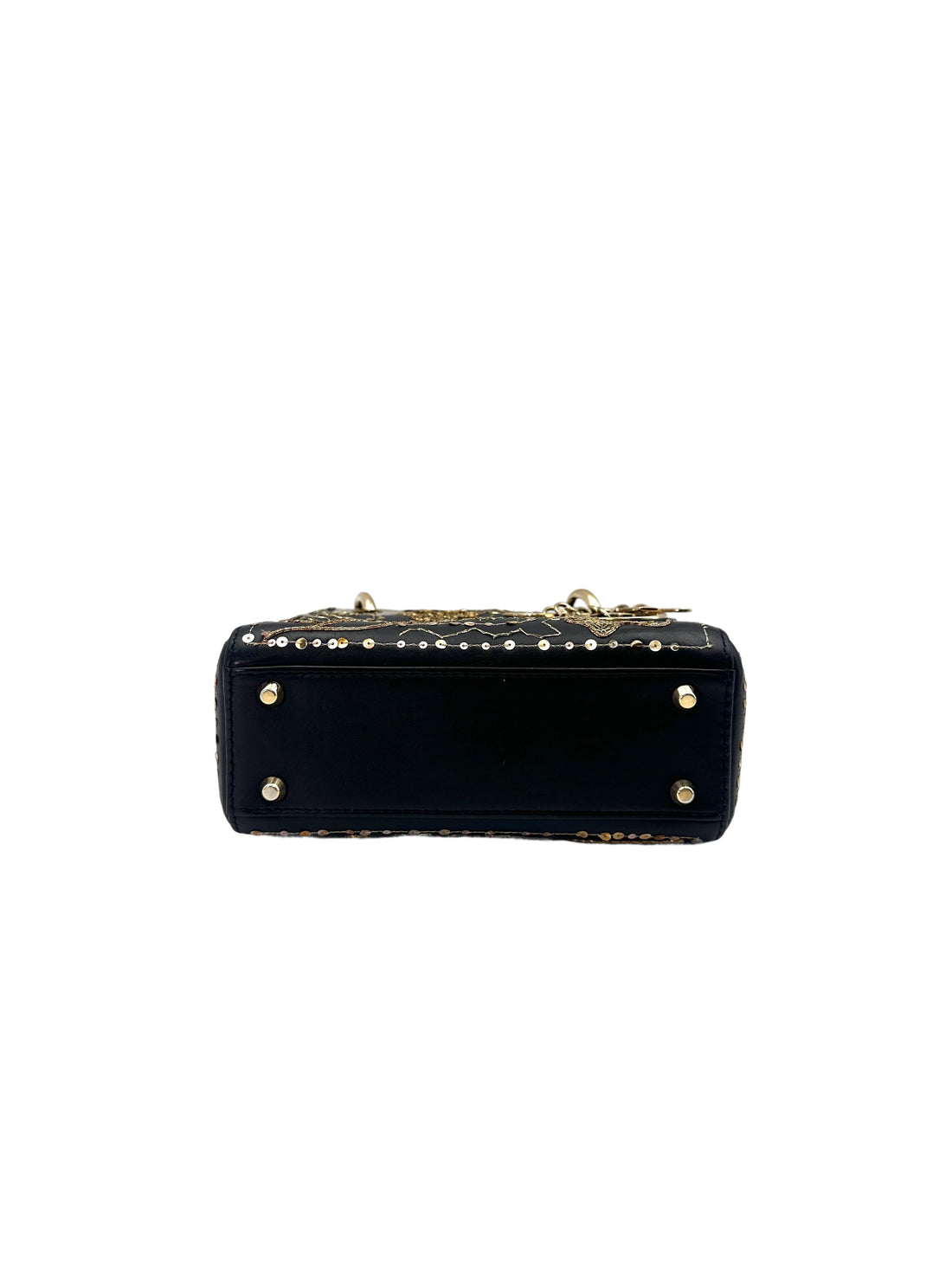 Christian Dior Lady Dior Black Gold "Clovers" Embroidered Handle Bag Wih Gold Charms IRIS138