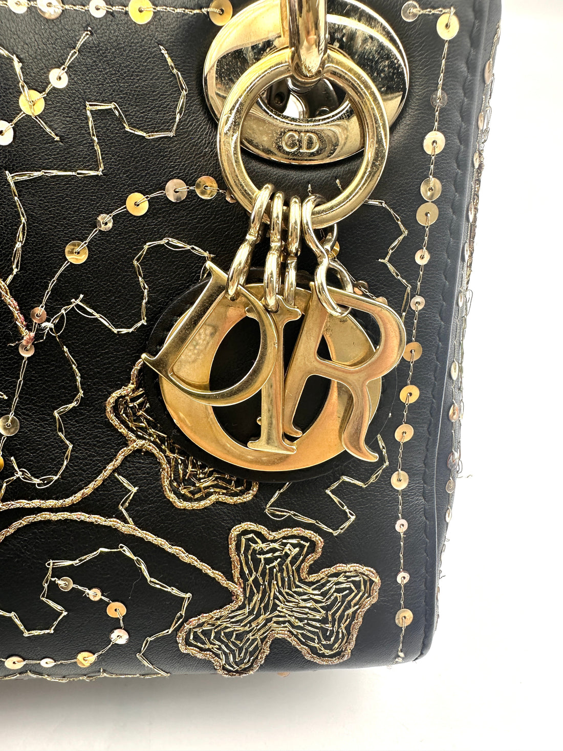 Christian Dior Lady Dior Black Gold "Clovers" Embroidered Handle Bag Wih Gold Charms IRIS138