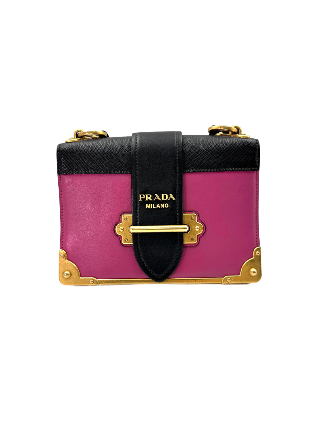 Prada Cahier Pink/Black Saffiano Leather Shoulder Bag With Gold Hardware PR258