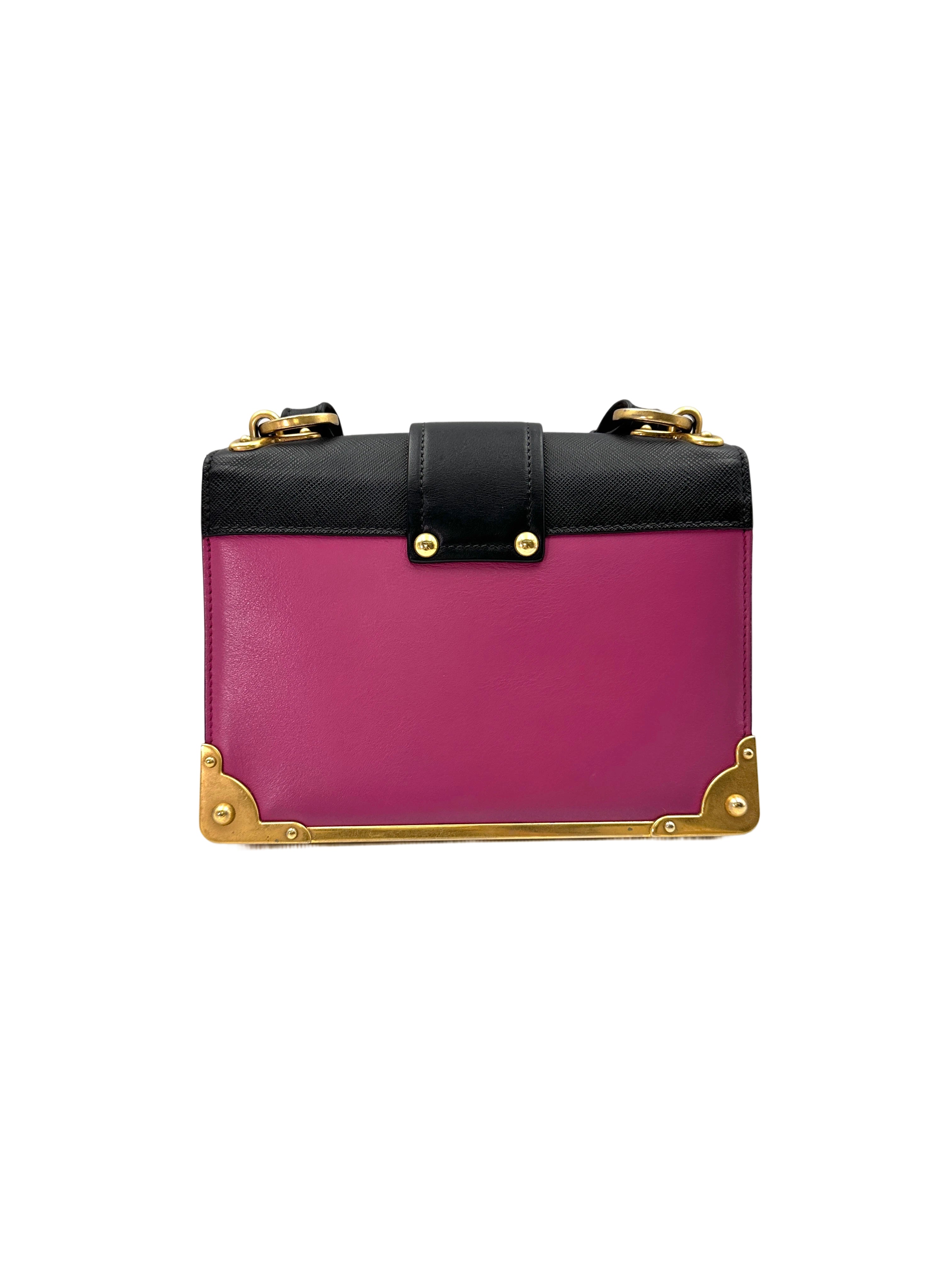 Prada Cahier Pink/Black Saffiano Leather Shoulder Bag With Gold Hardware PR258