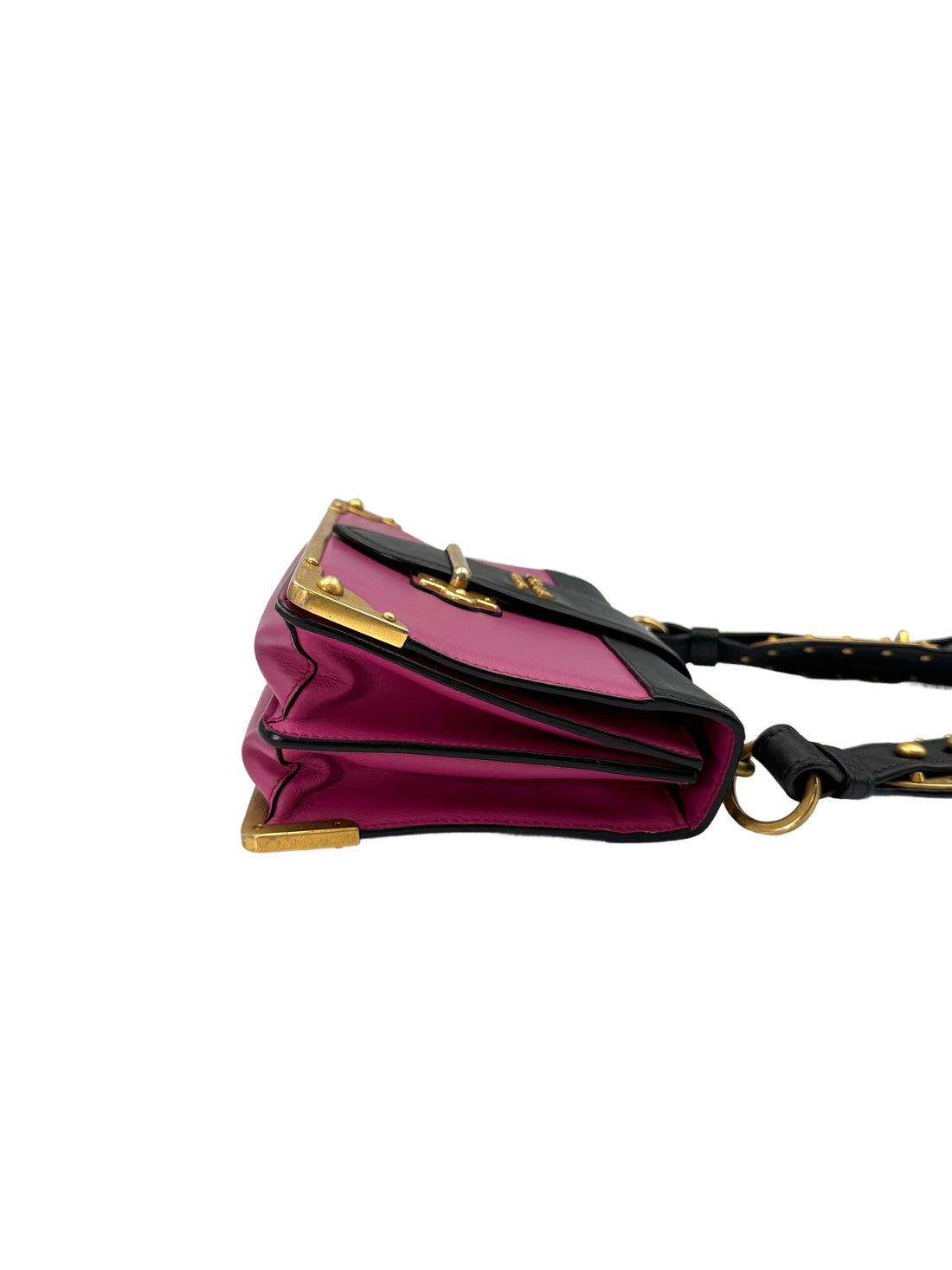 Prada Cahier Pink/Black Saffiano Leather Shoulder Bag With Gold Hardware PR258