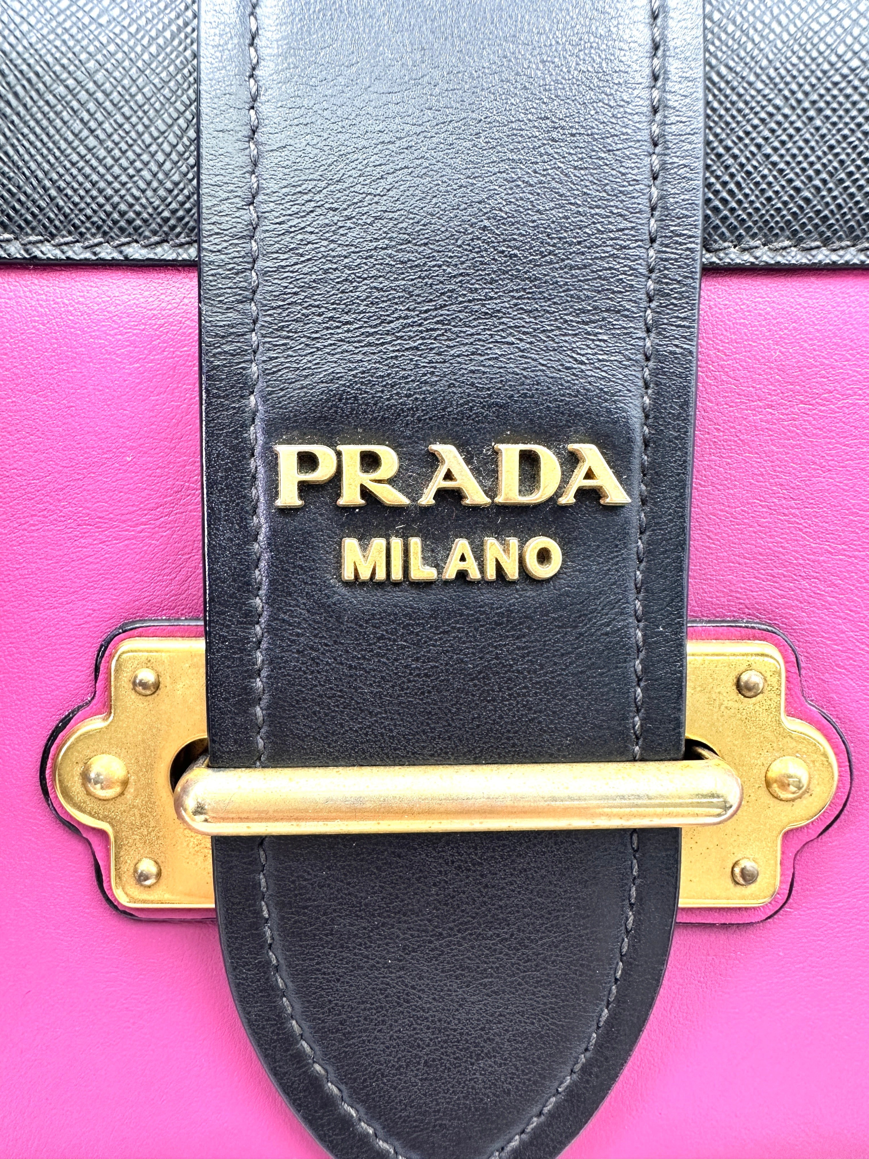 Prada Cahier Pink/Black Saffiano Leather Shoulder Bag With Gold Hardware PR258