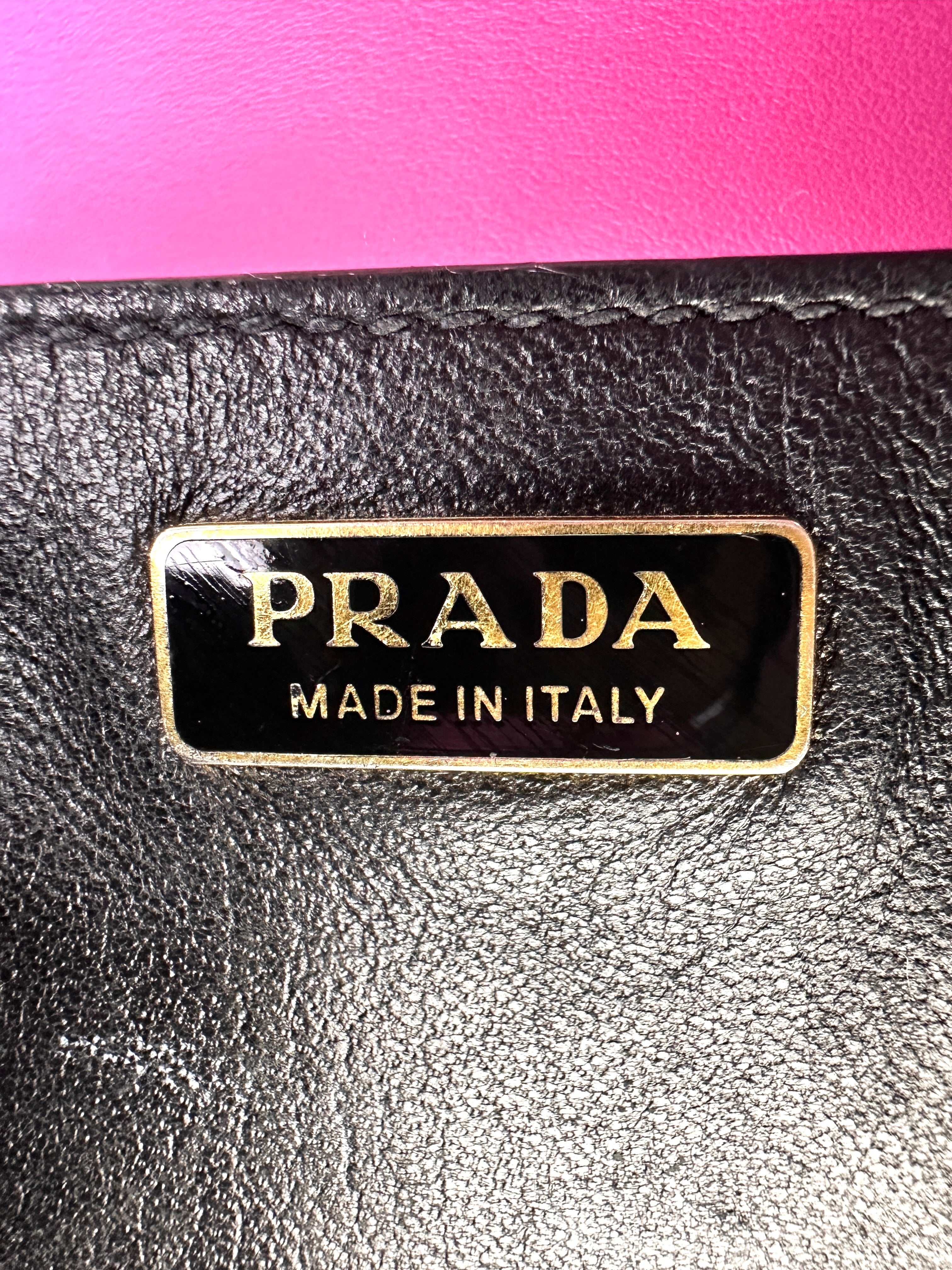 Prada Cahier Pink/Black Saffiano Leather Shoulder Bag With Gold Hardware PR258