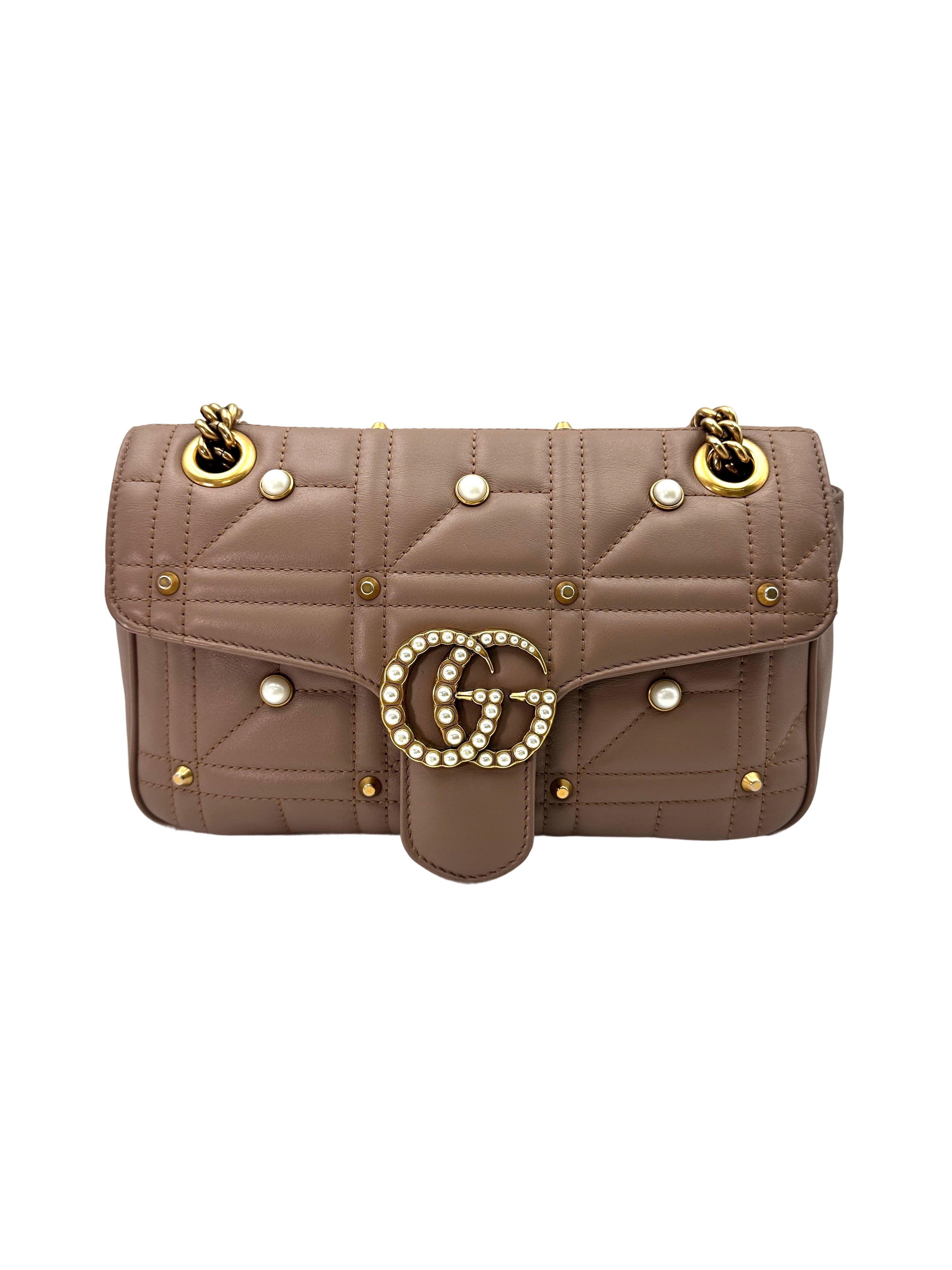 Gucci GG Marmont Pearl And Studded Embellished Beige Quilted Leather Medium Size Shoulder Bag GG839