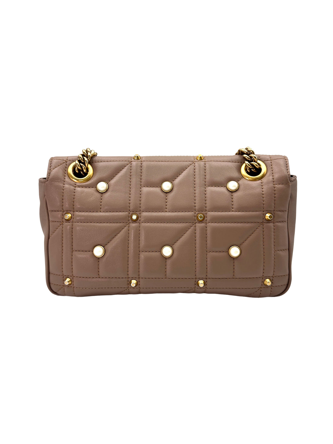Gucci GG Marmont Pearl And Studded Embellished Beige Quilted Leather Medium Size Shoulder Bag GG839