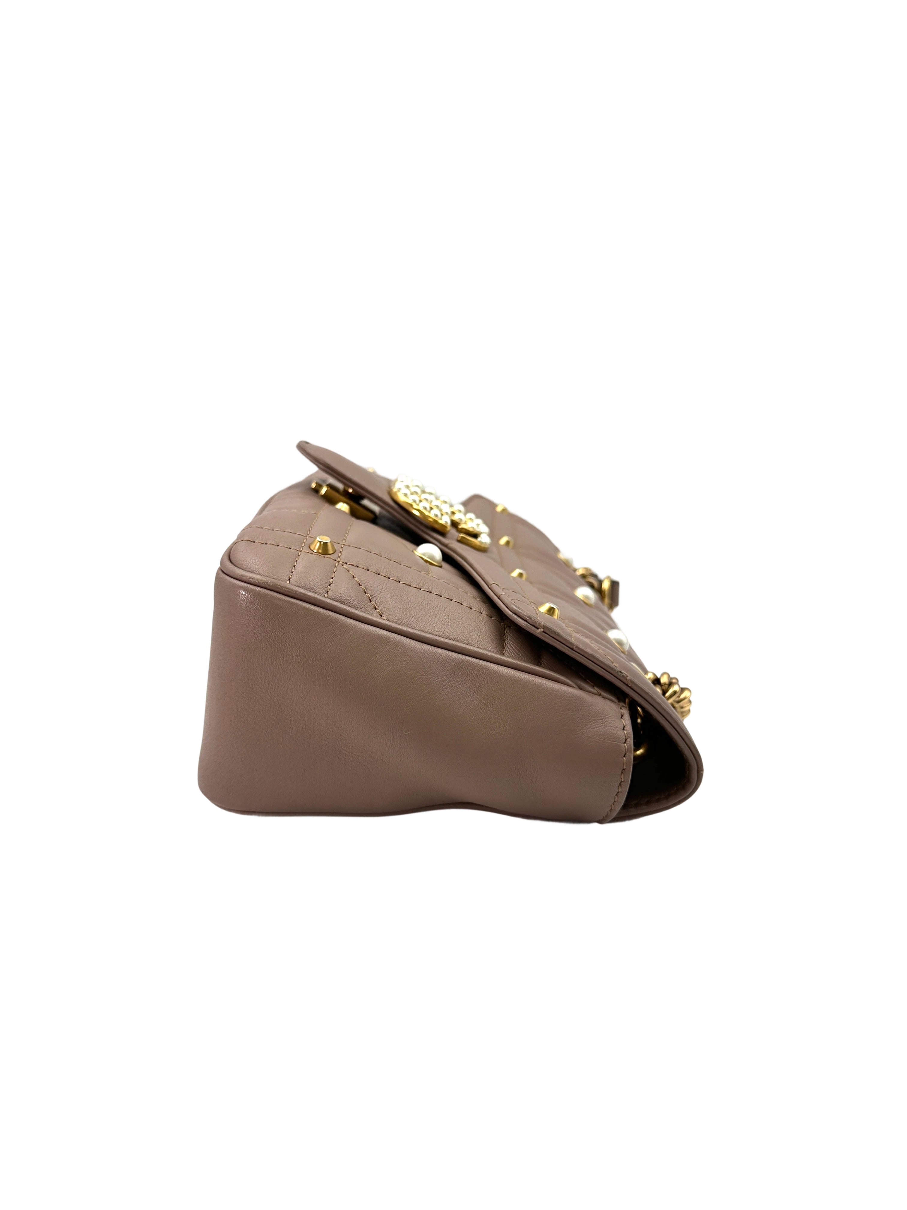 Gucci GG Marmont Pearl And Studded Embellished Beige Quilted Leather Medium Size Shoulder Bag GG839