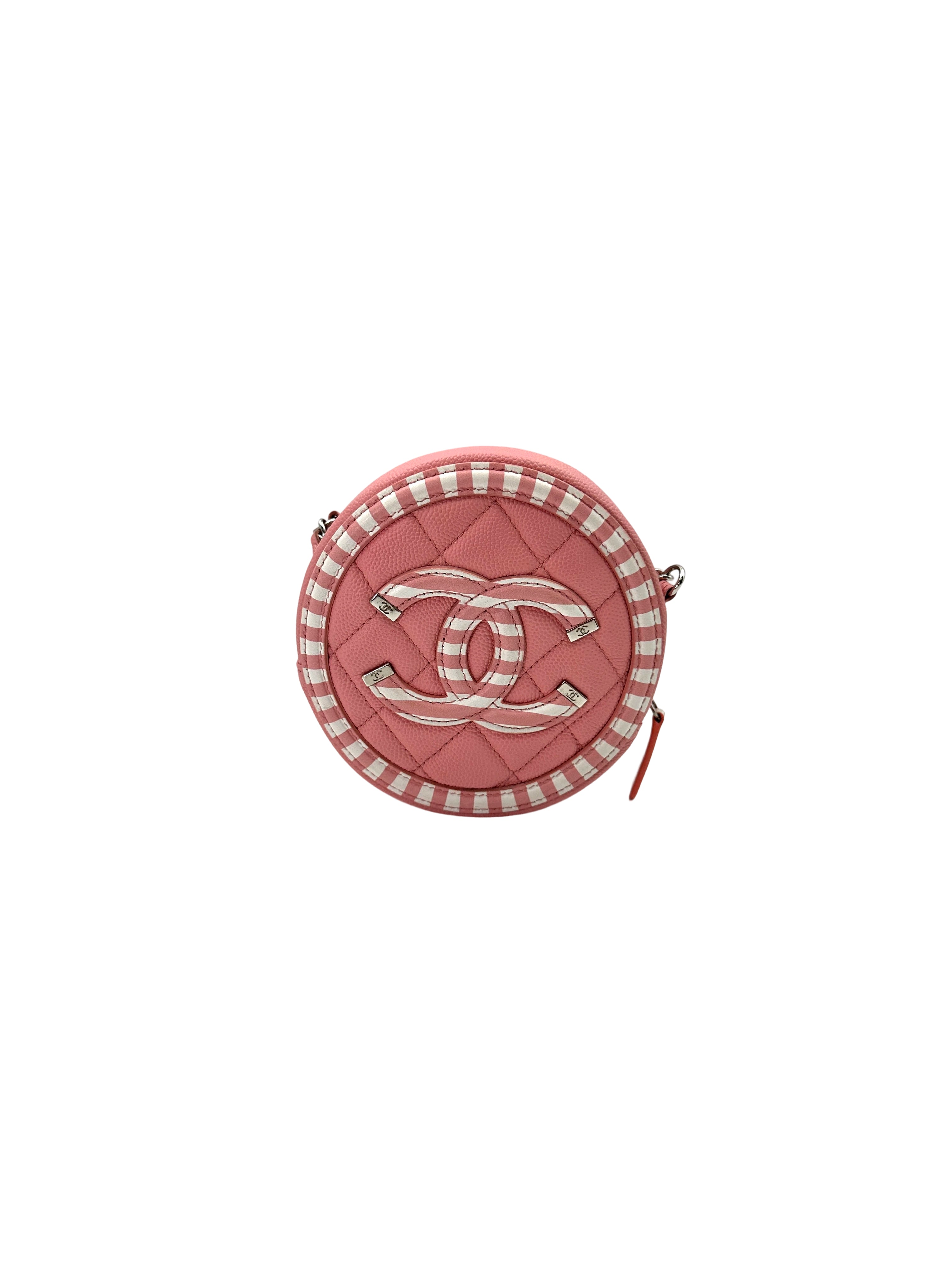 Chanel CC Filigree Pink/White Quilted Leather Round Clutch With Chain(27***92) CC1749