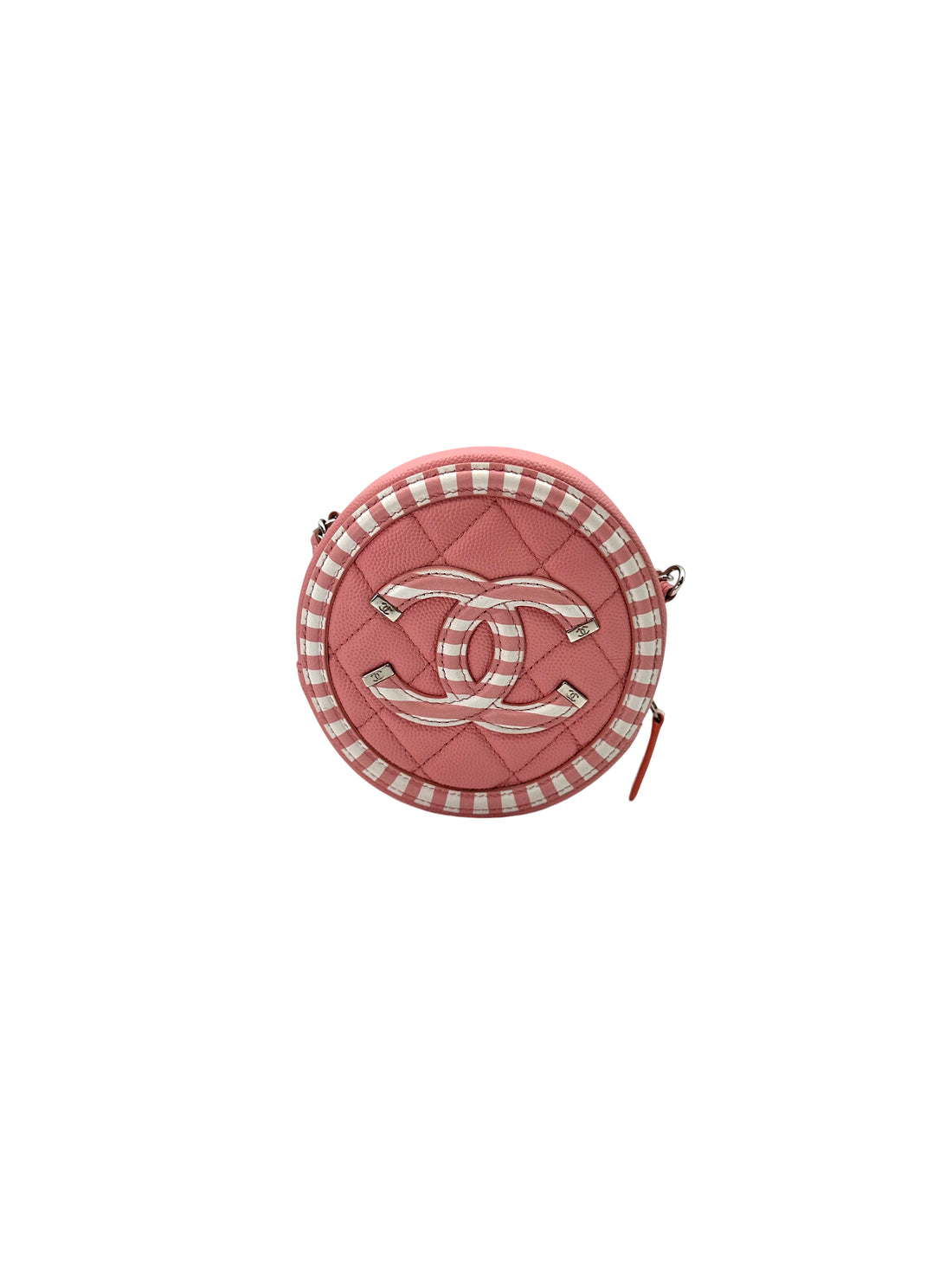 Chanel CC Filigree Pink/White Quilted Leather Round Clutch With Chain(27***92) CC1749