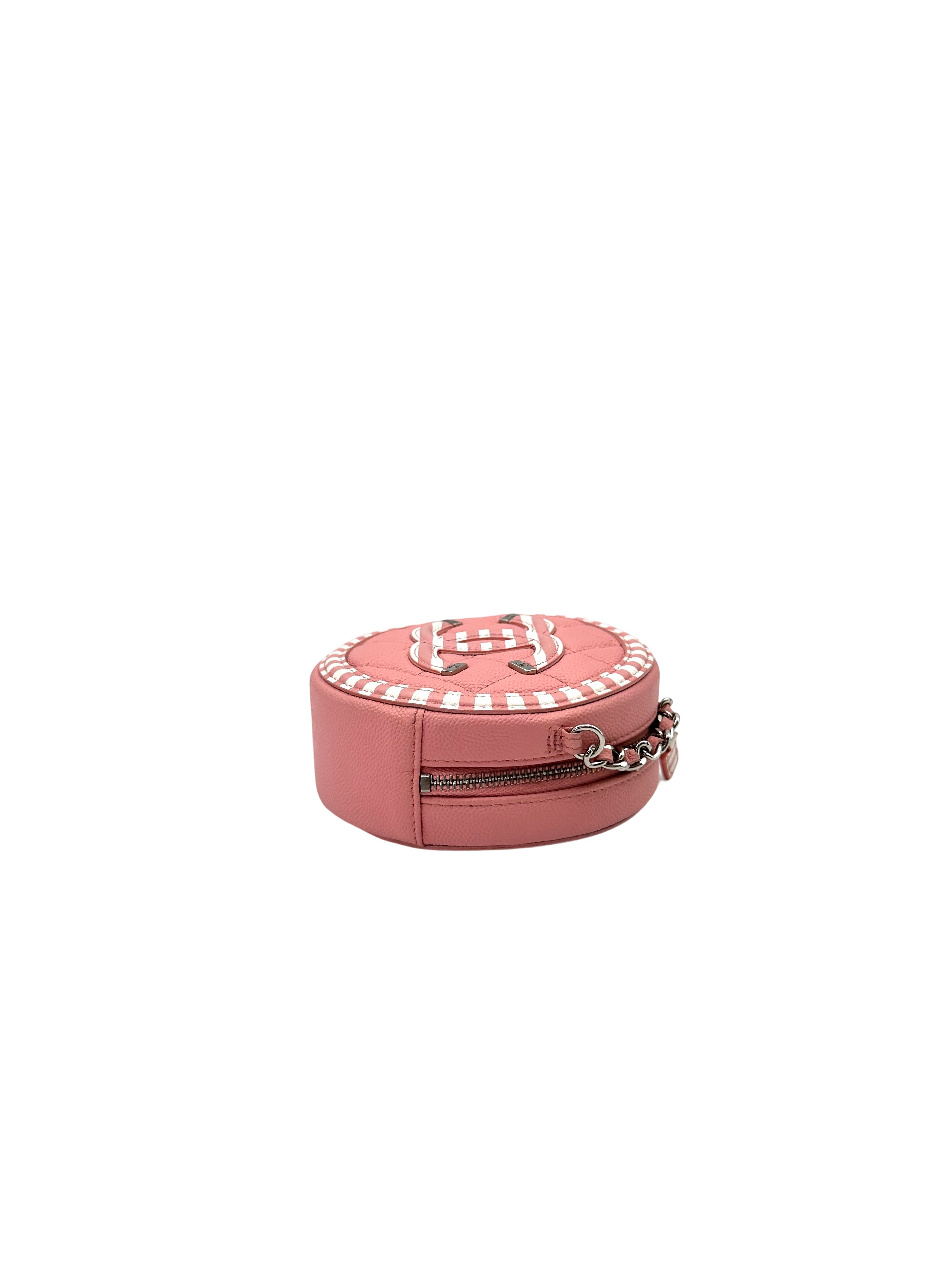 Chanel CC Filigree Pink/White Quilted Leather Round Clutch With Chain(27***92) CC1749