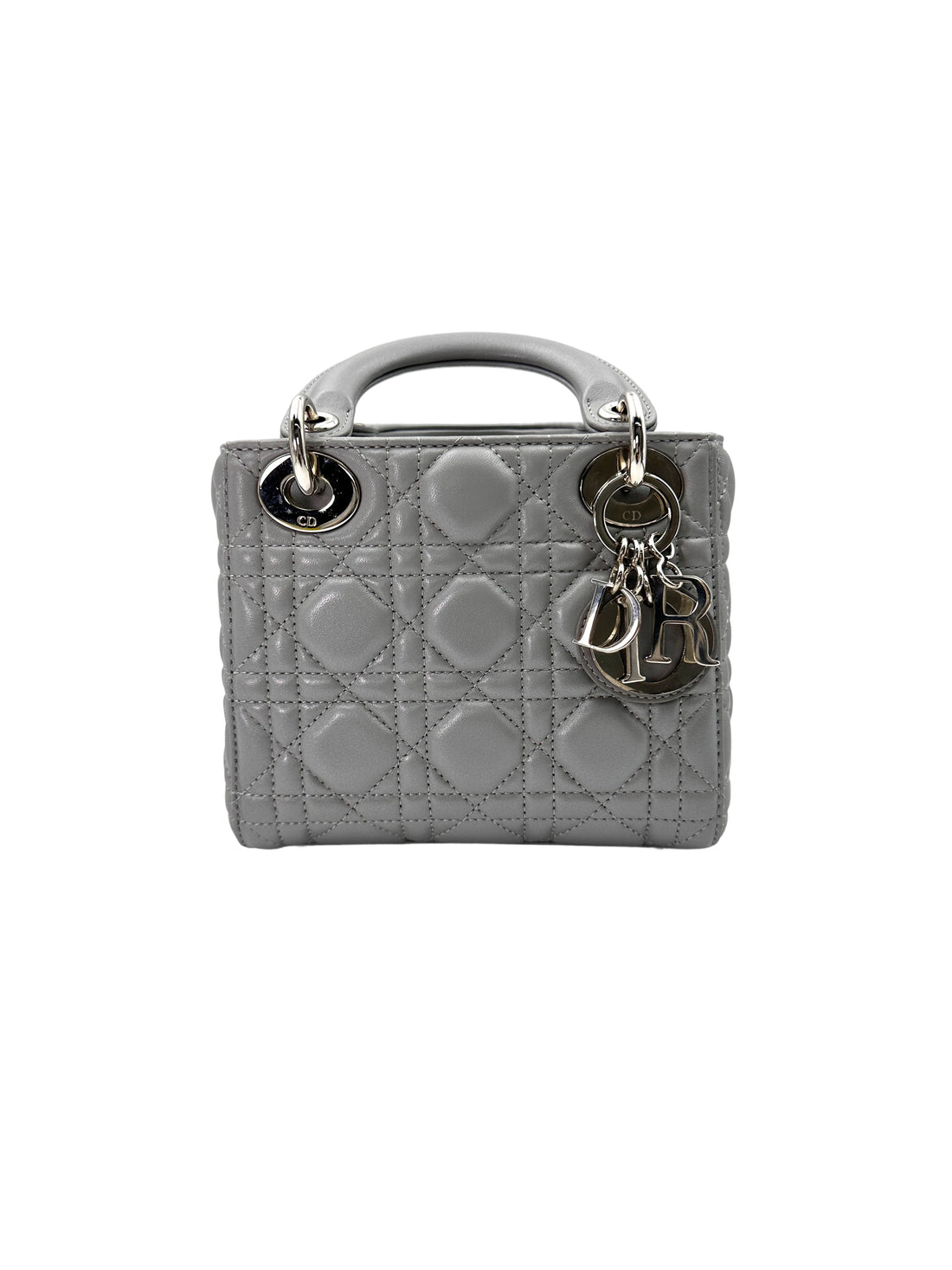 Christian Dior Lady Dior Grey Cannage Lambskin Handle Bag With Silver Charms DR665