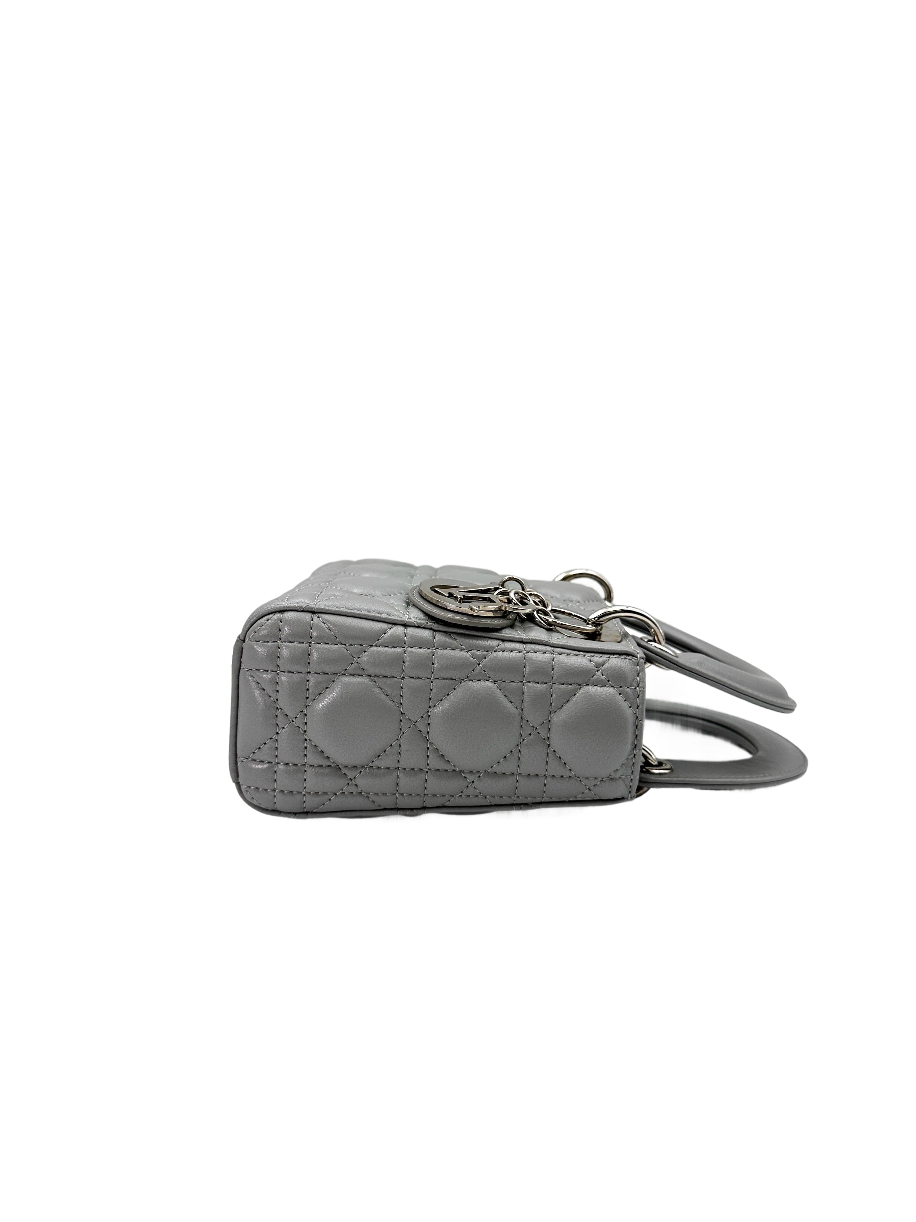 Christian Dior Lady Dior Grey Cannage Lambskin Handle Bag With Silver Charms DR665
