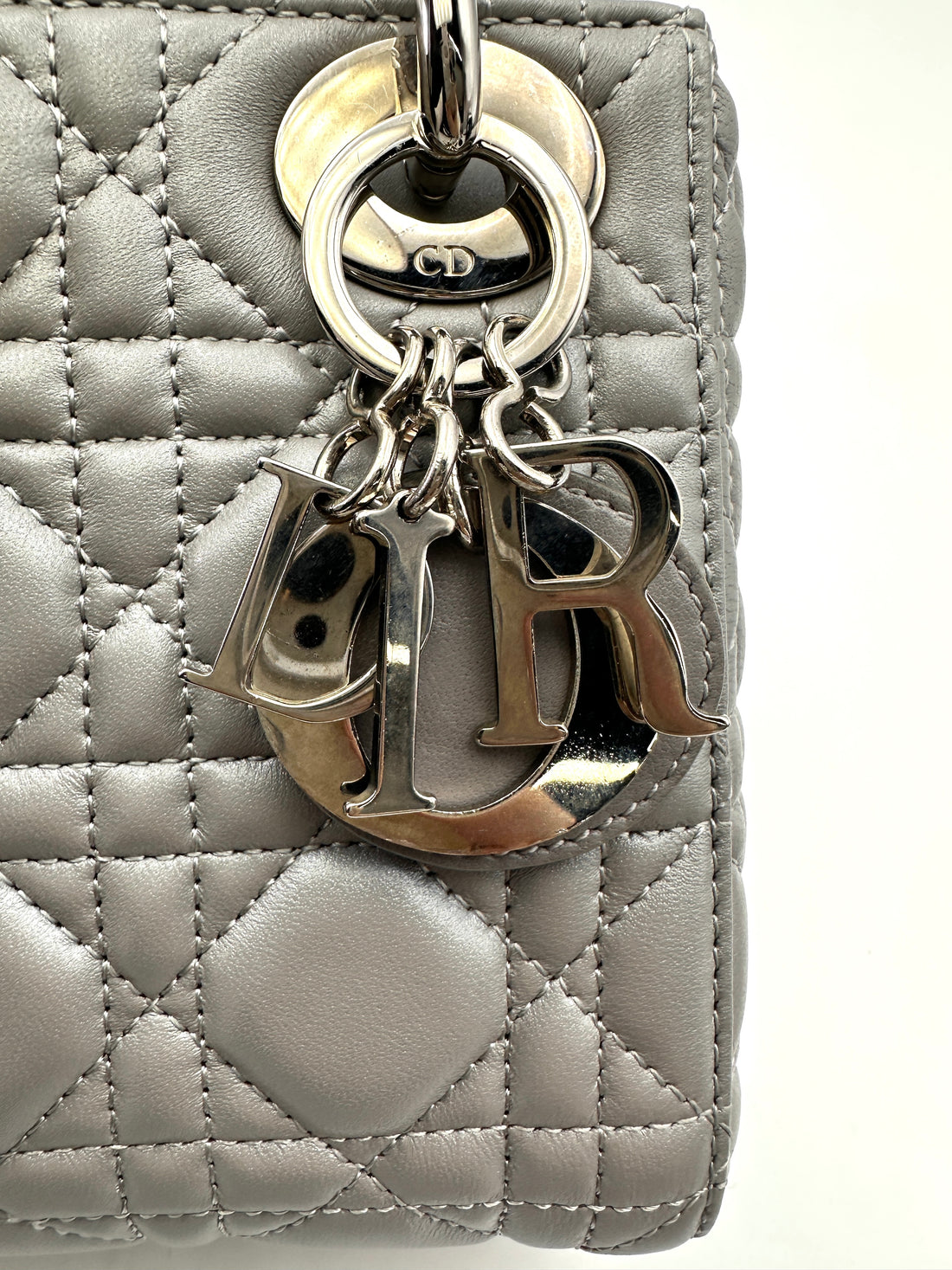 Christian Dior Lady Dior Grey Cannage Lambskin Handle Bag With Silver Charms DR665