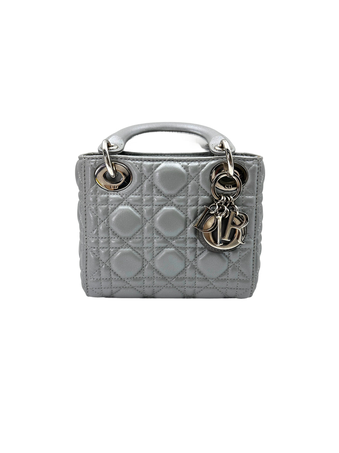 Christian Dior Lady Dior Grey Cannage Lambskin Handle Bag With Silver Charms DR661