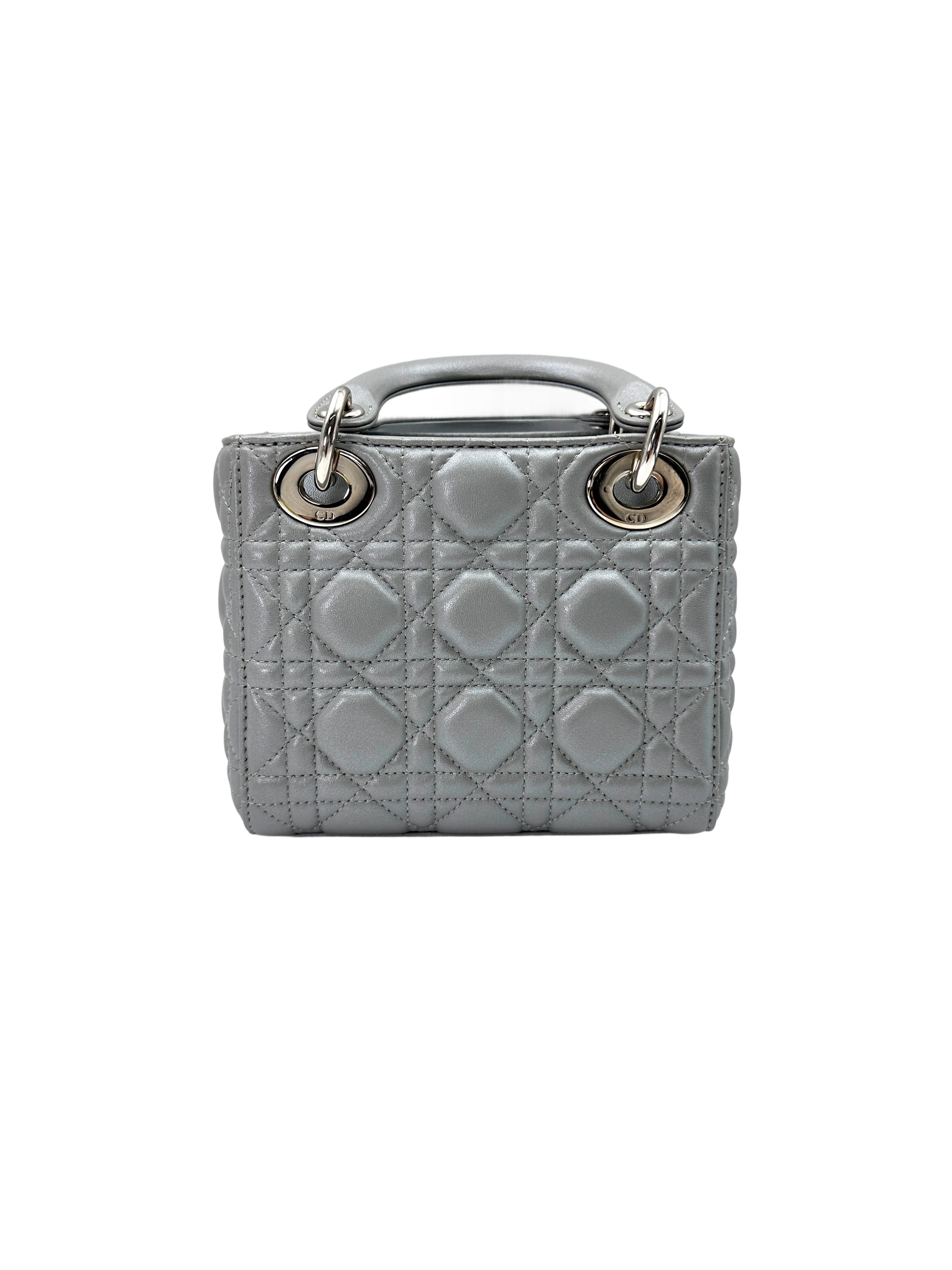 Christian Dior Lady Dior Grey Cannage Lambskin Handle Bag With Silver Charms DR661