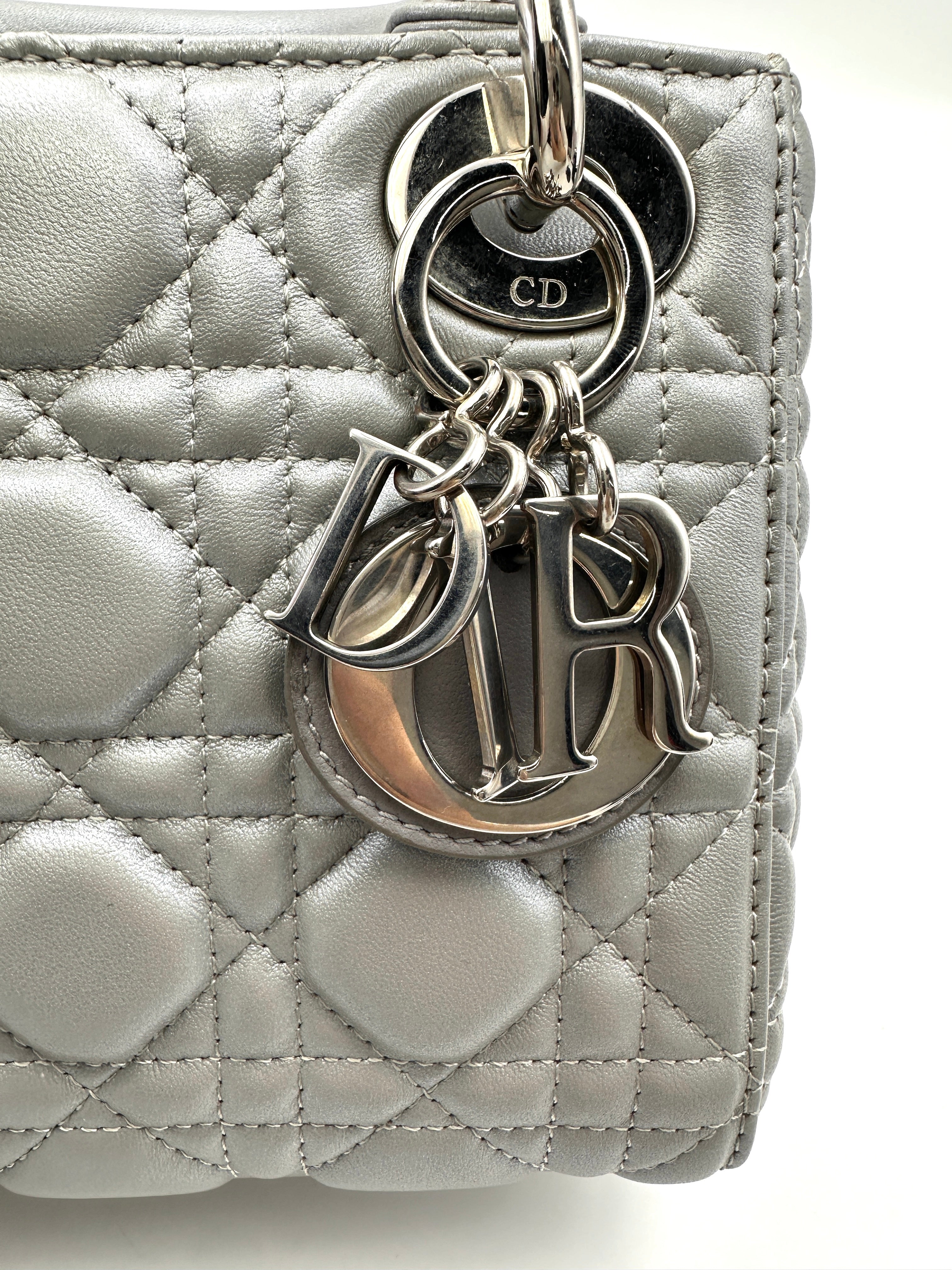 Christian Dior Lady Dior Grey Cannage Lambskin Handle Bag With Silver Charms DR661