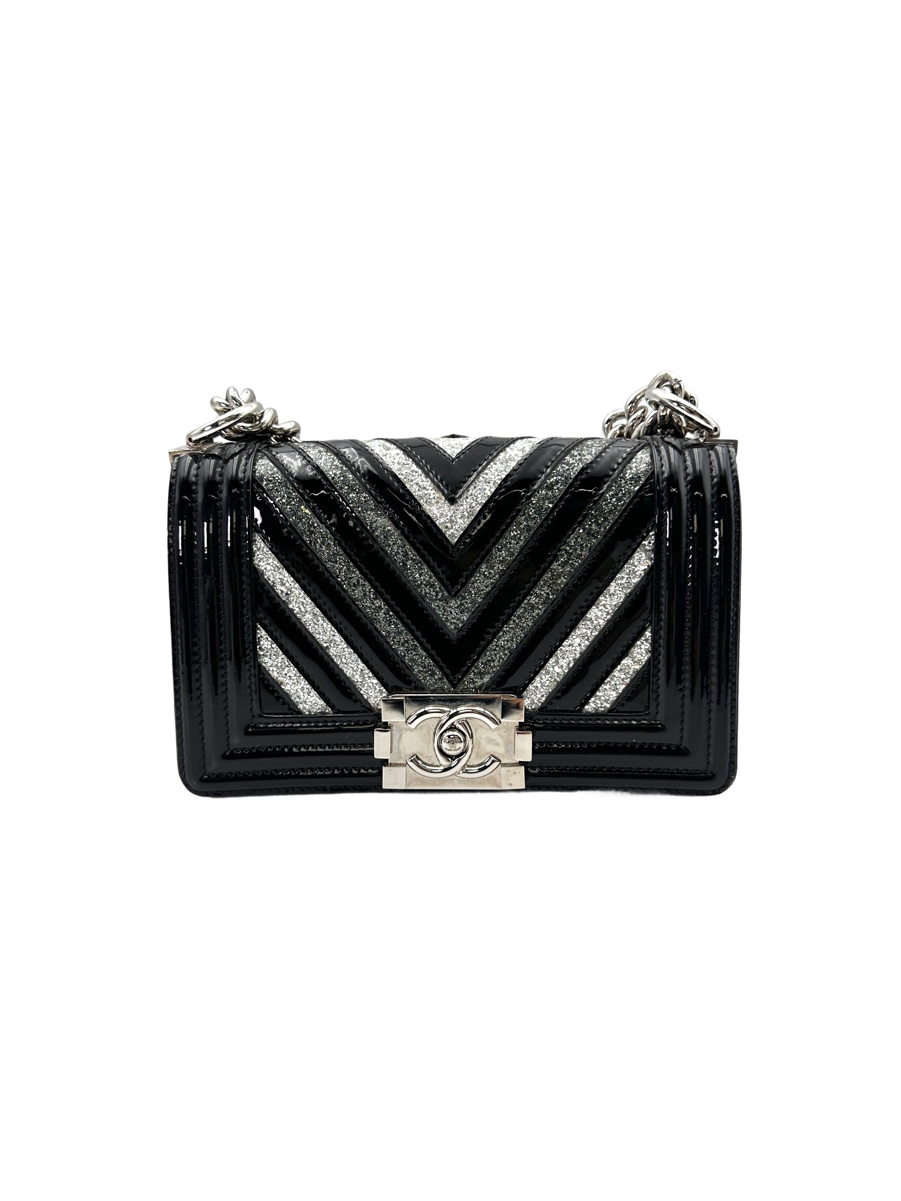 Chanel LeBoy Black Patent Glitter PVC Chevron Quilted Small Size Flap Bag With Silver Buckle(24***98) CC1748