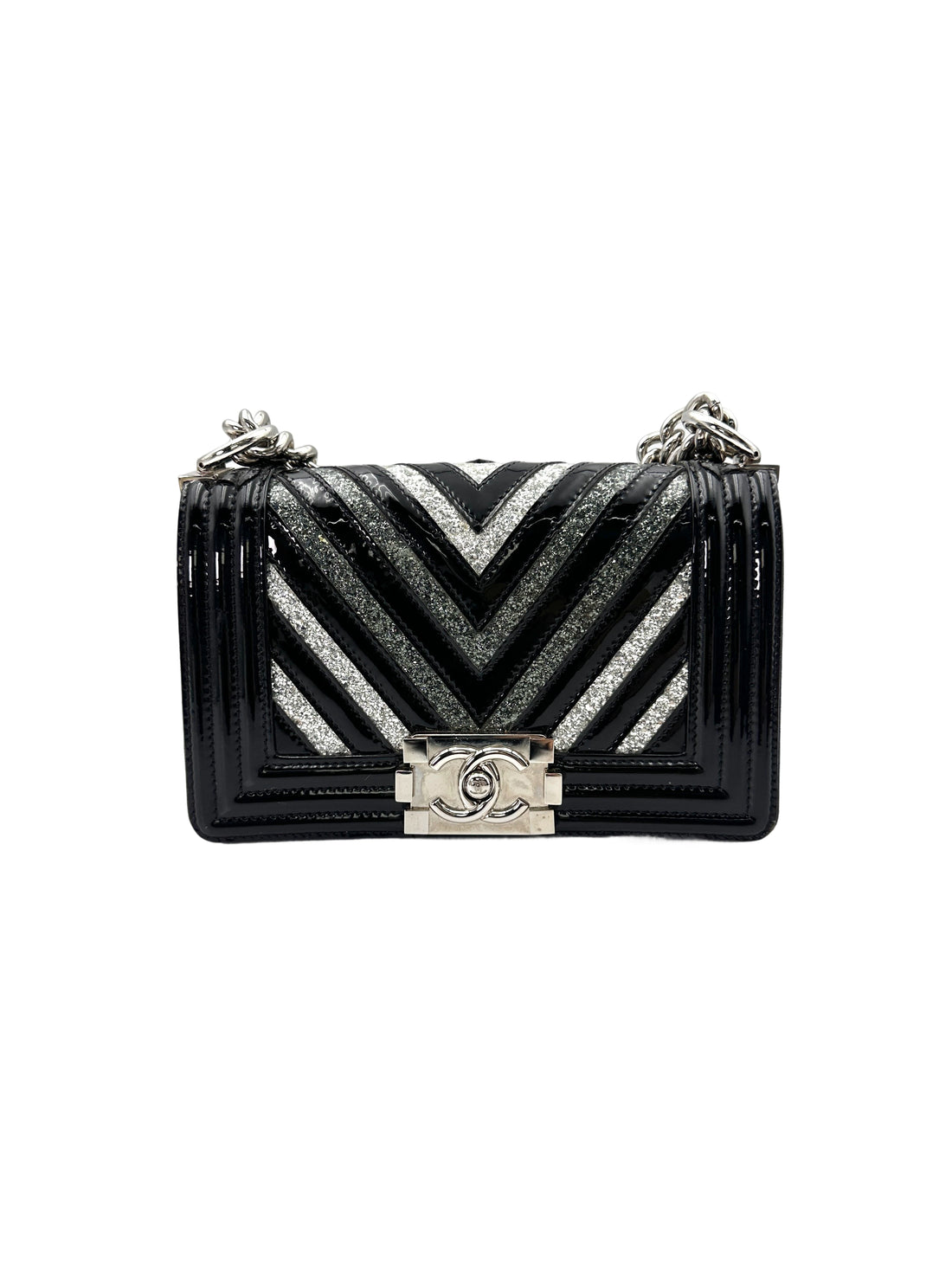 Chanel LeBoy Black Patent Glitter PVC Chevron Quilted Small Size Flap Bag With Silver Buckle(24***98) CC1748