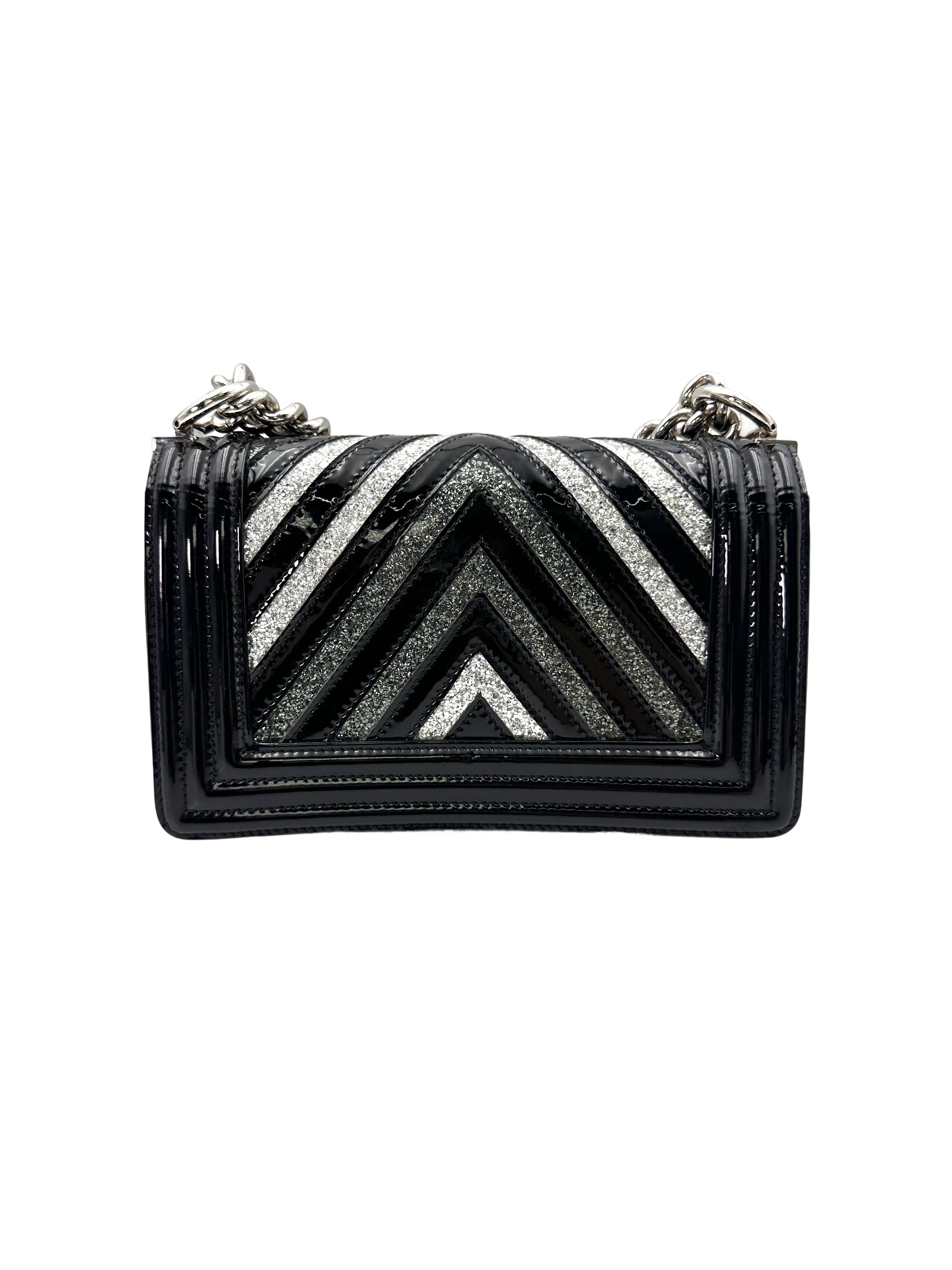 Chanel LeBoy Black Patent Glitter PVC Chevron Quilted Small Size Flap Bag With Silver Buckle(24***98) CC1748