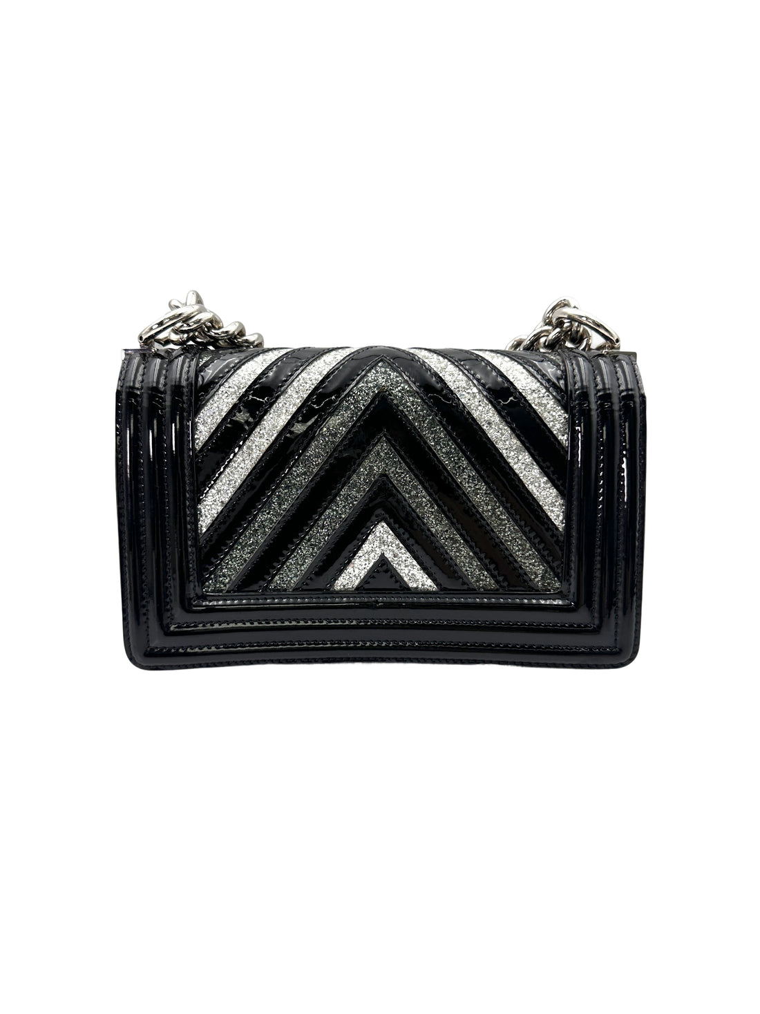Chanel LeBoy Black Patent Glitter PVC Chevron Quilted Small Size Flap Bag With Silver Buckle(24***98) CC1748