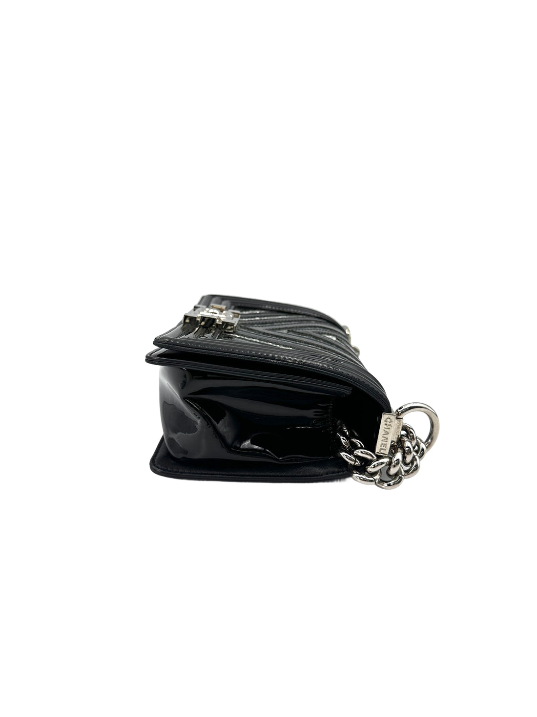 Chanel LeBoy Black Patent Glitter PVC Chevron Quilted Small Size Flap Bag With Silver Buckle(24***98) CC1748