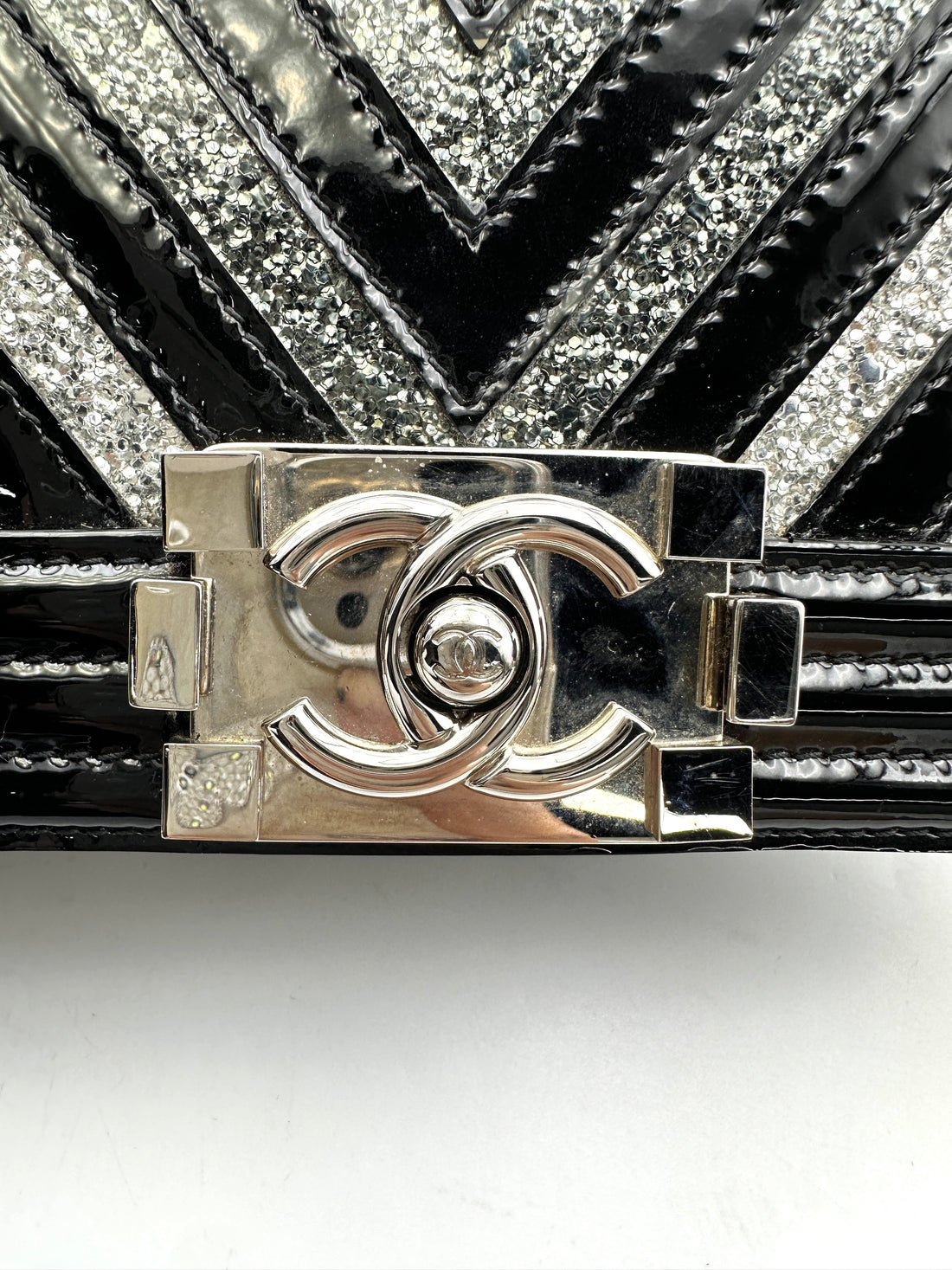 Chanel LeBoy Black Patent Glitter PVC Chevron Quilted Small Size Flap Bag With Silver Buckle(24***98) CC1748