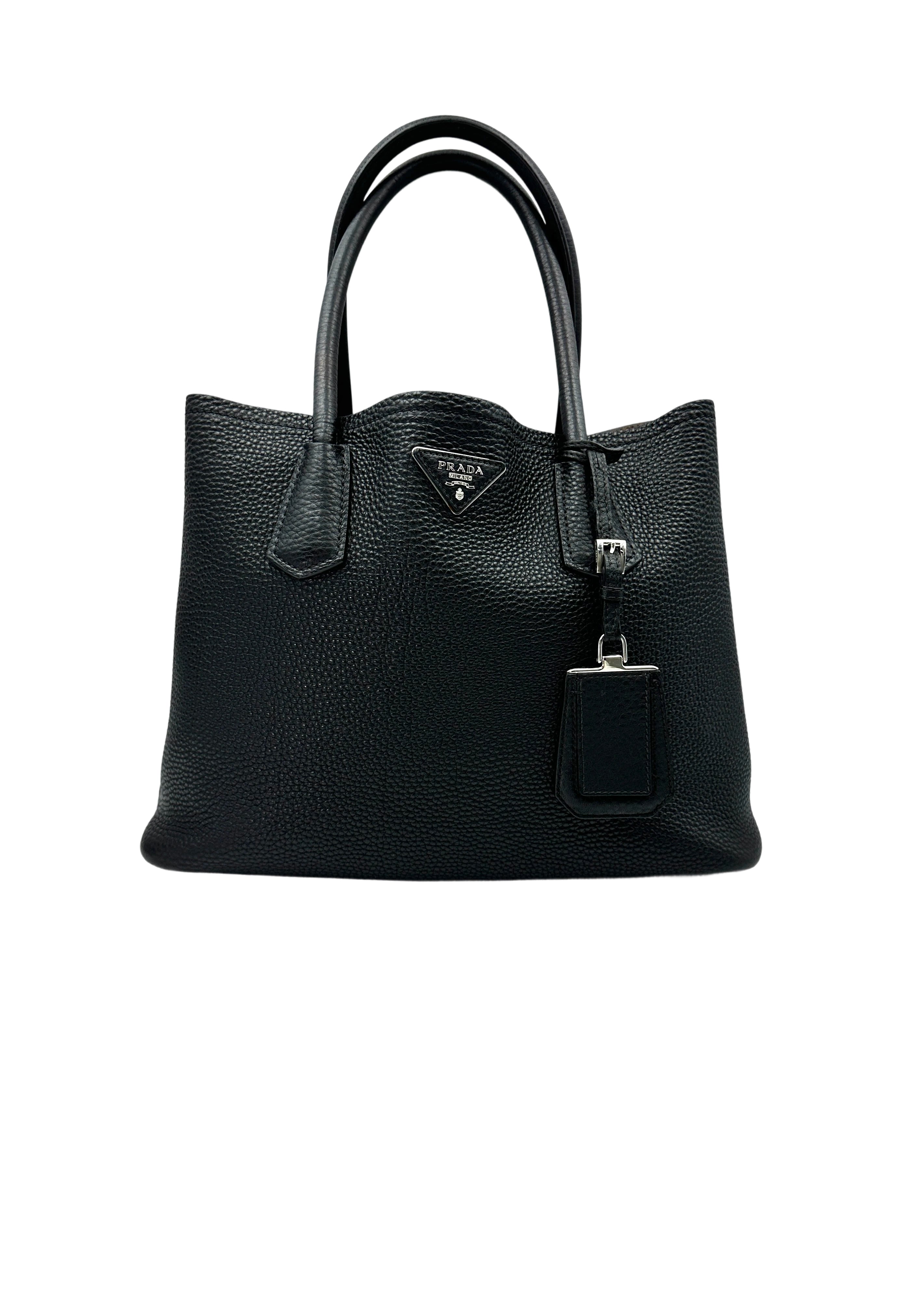 Prada Black Vitello Daino Leather Double Tote Handle Bag PR261