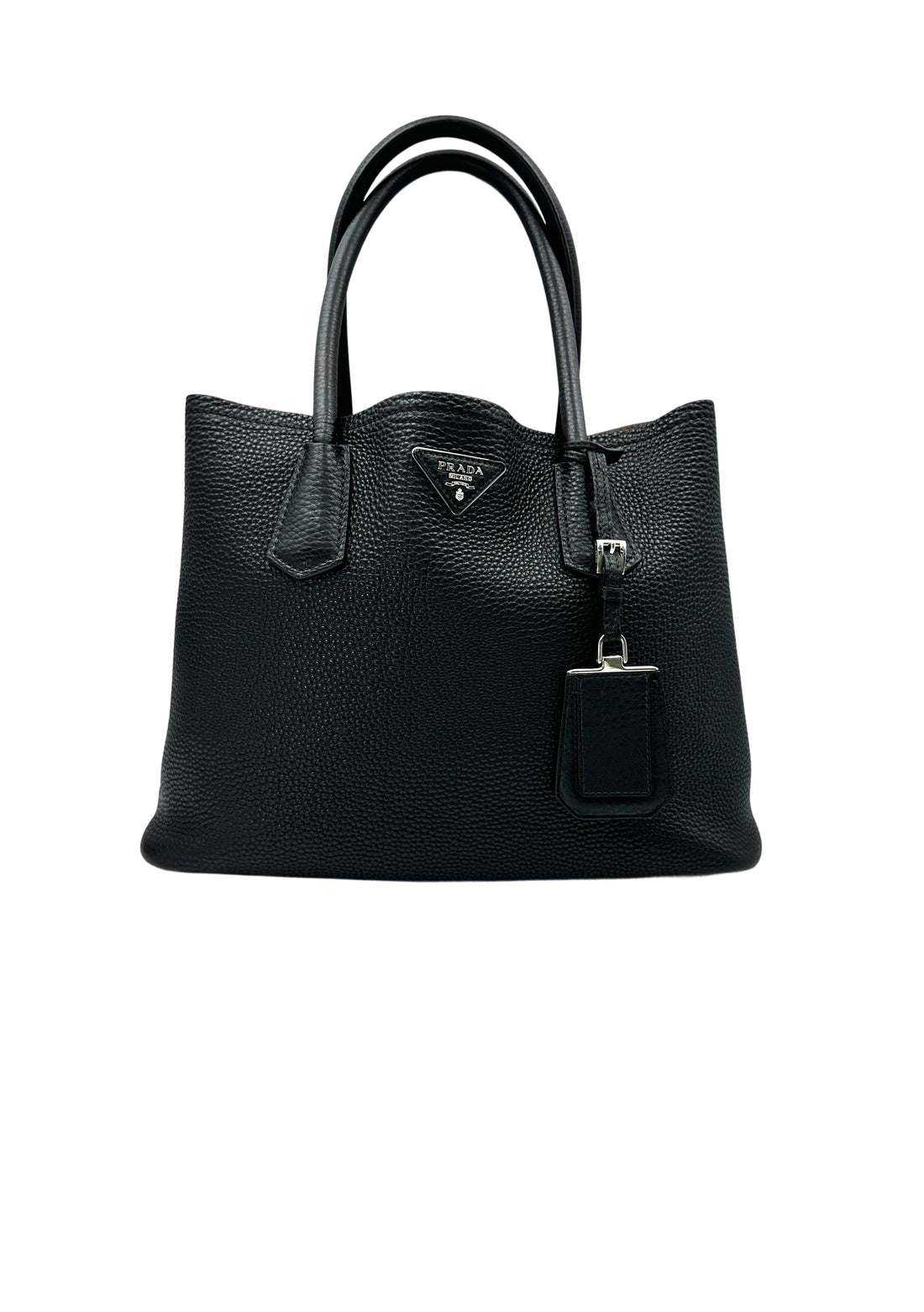 Prada Black Vitello Daino Leather Double Tote Handle Bag PR261