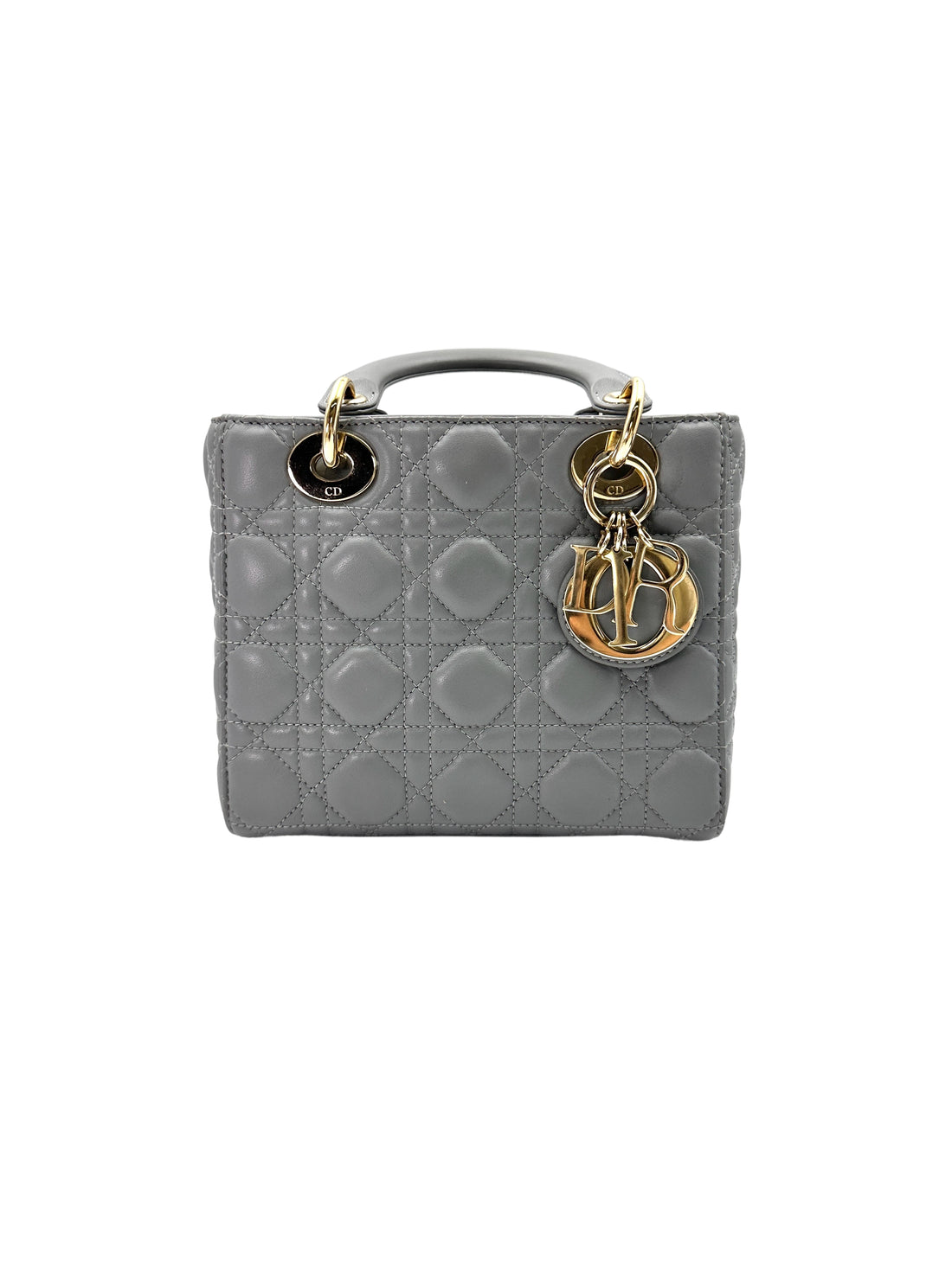 Christian Dior Lady Dior Grey Cannage Leather Handle Bag With Gold Charms DR667