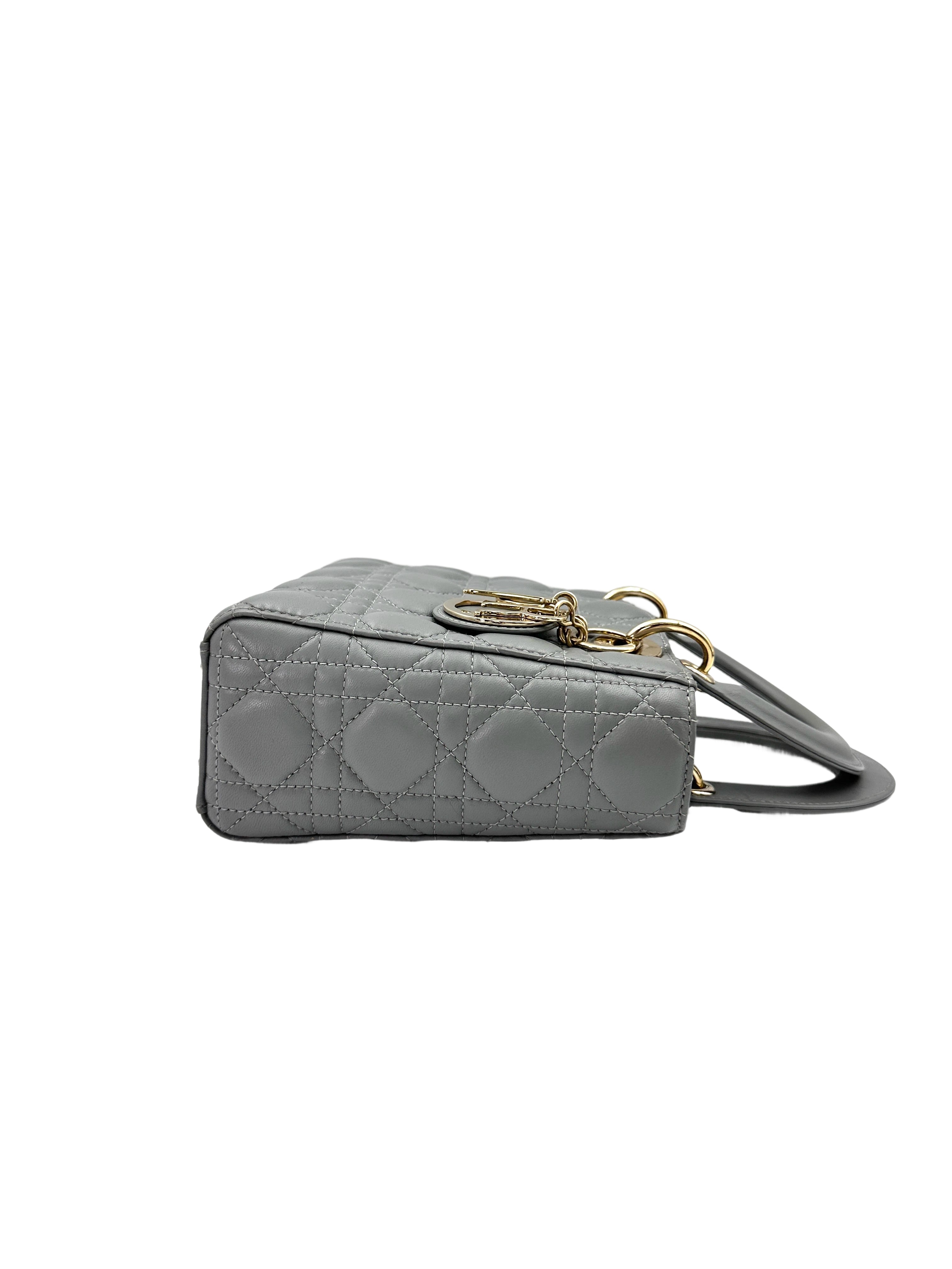 Christian Dior Lady Dior Grey Cannage Leather Handle Bag With Gold Charms DR667