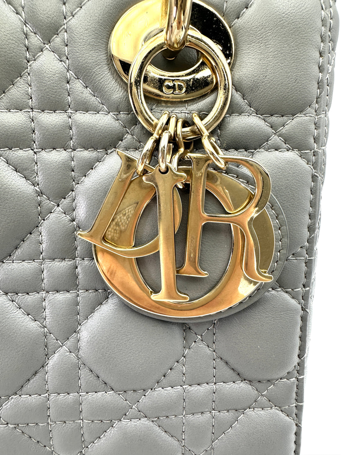 Christian Dior Lady Dior Grey Cannage Leather Handle Bag With Gold Charms DR667