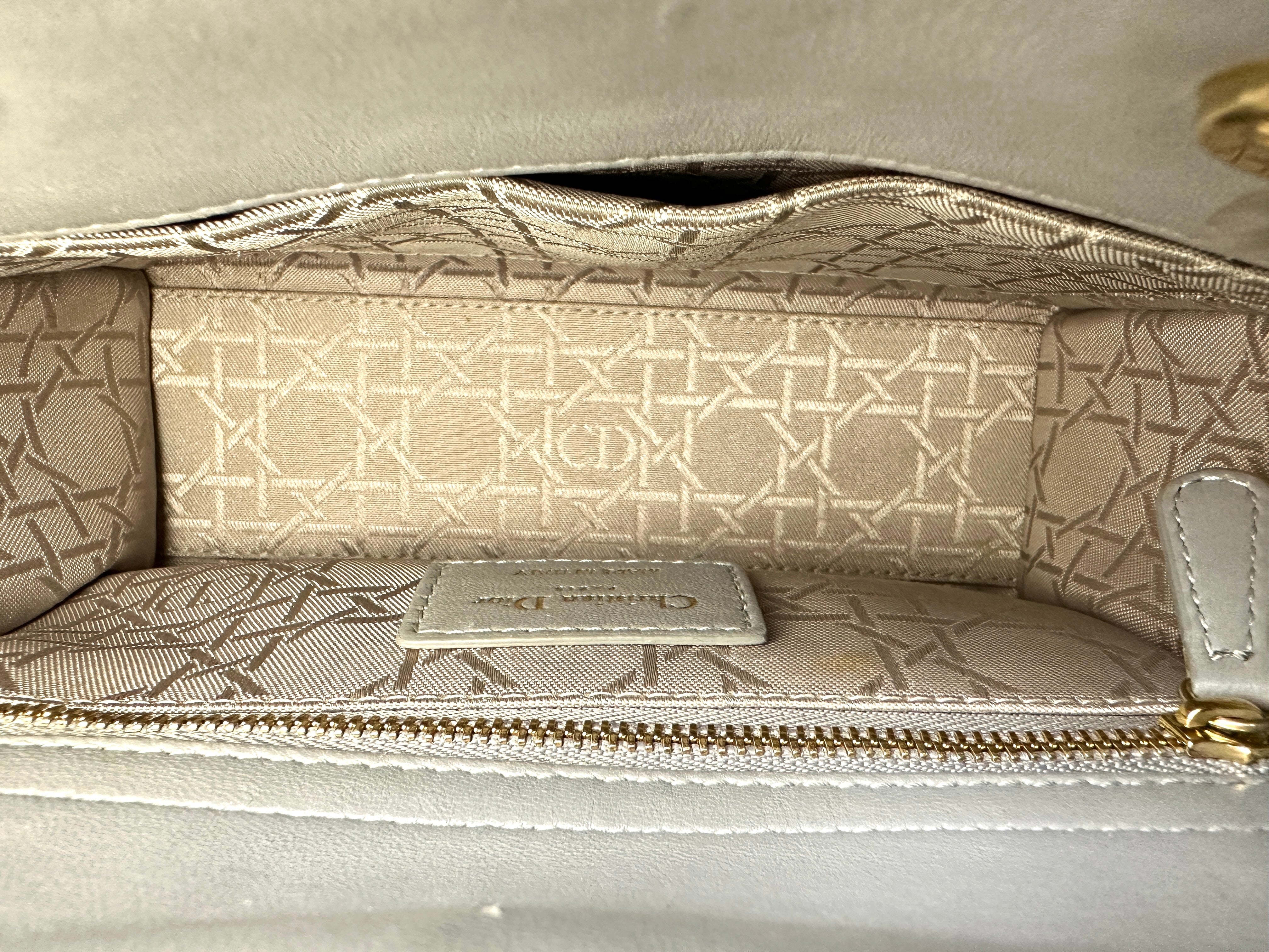 Christian Dior Lady Dior Grey Cannage Leather Handle Bag With Gold Charms DR667