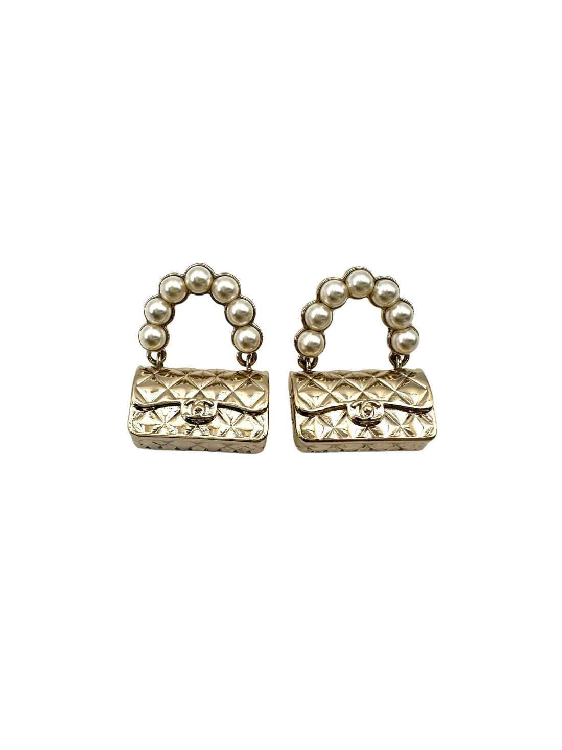 Chanel 21S Gold Metal & Resin Pearl CC Flap Bag Drop Earrings CC1754