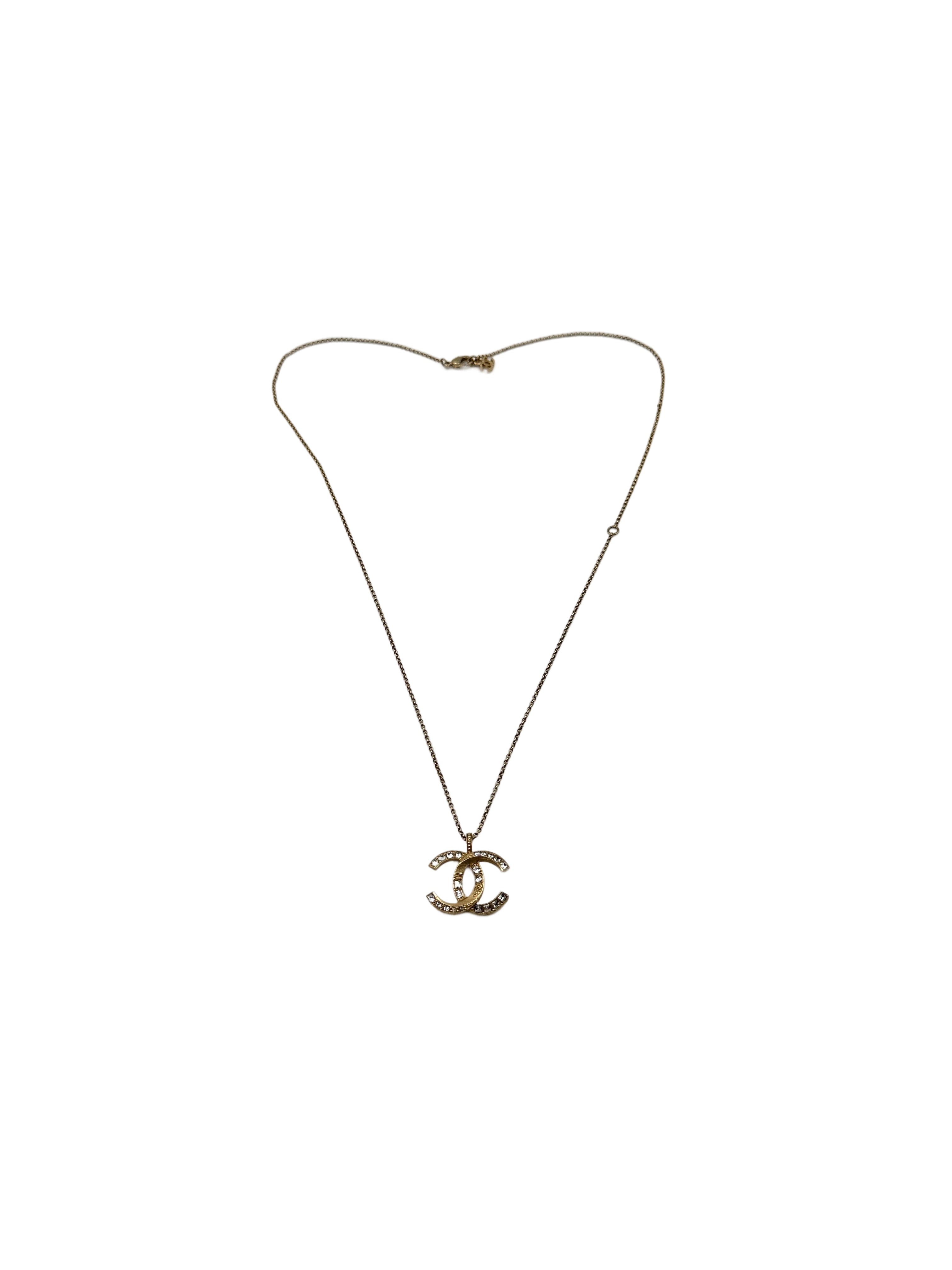 Chanel Gold Chain Crystal CC Logo Pendant Necklace Metal Strass CC1759