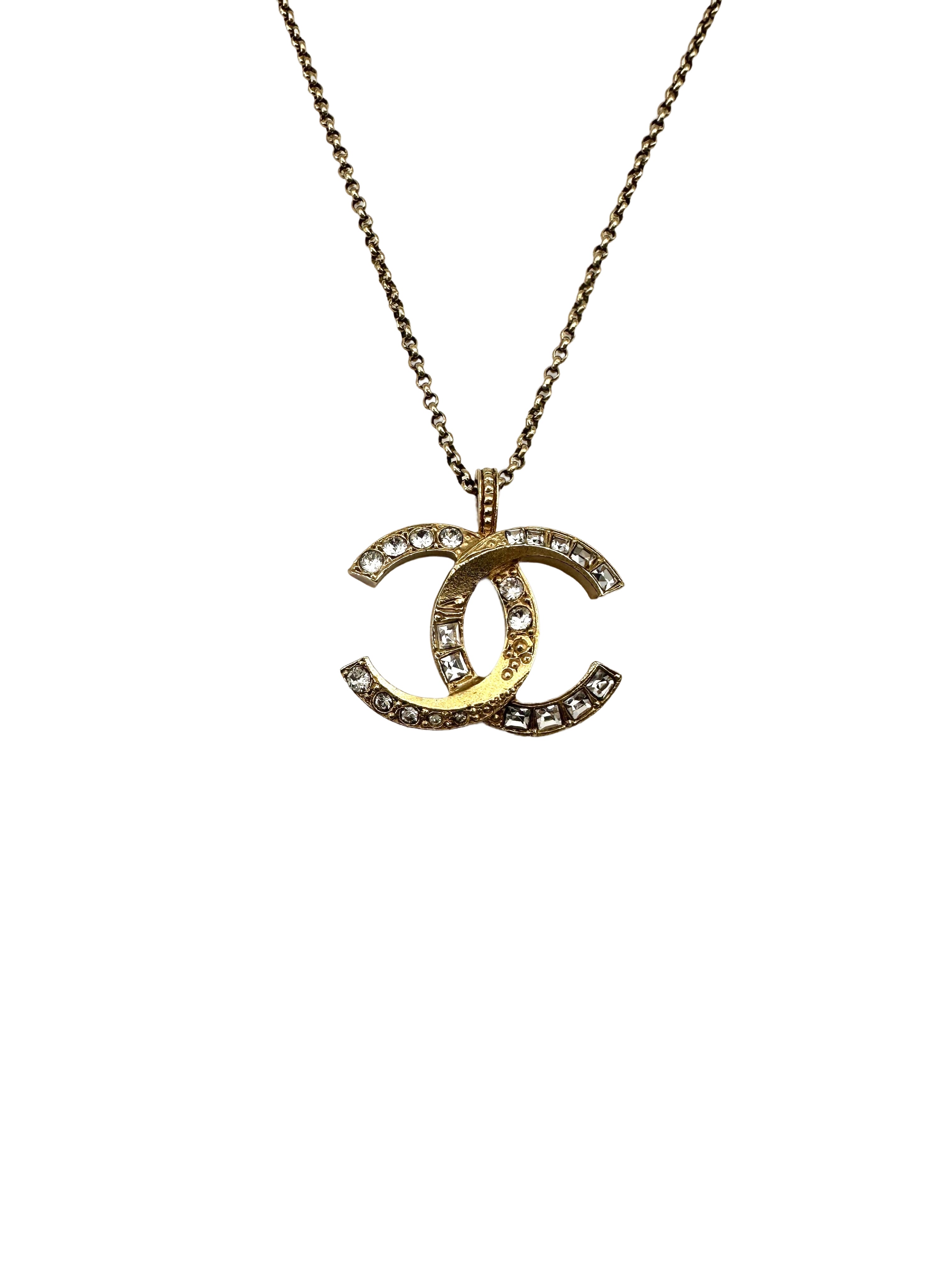Chanel Gold Chain Crystal CC Logo Pendant Necklace Metal Strass CC1759