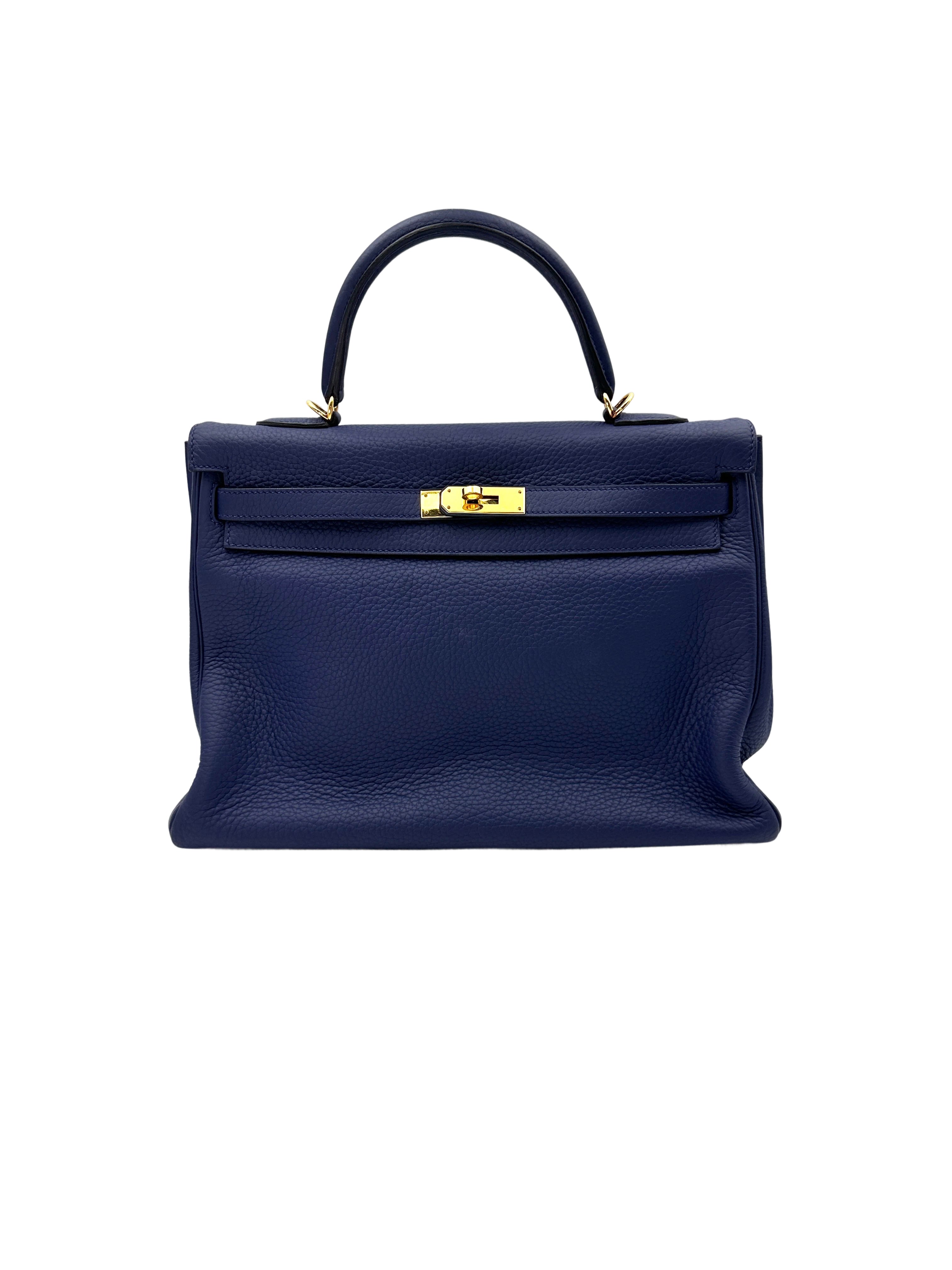 Hermes Kelly 35 Navy Leather Handle Bag With Gold Hardware HR91