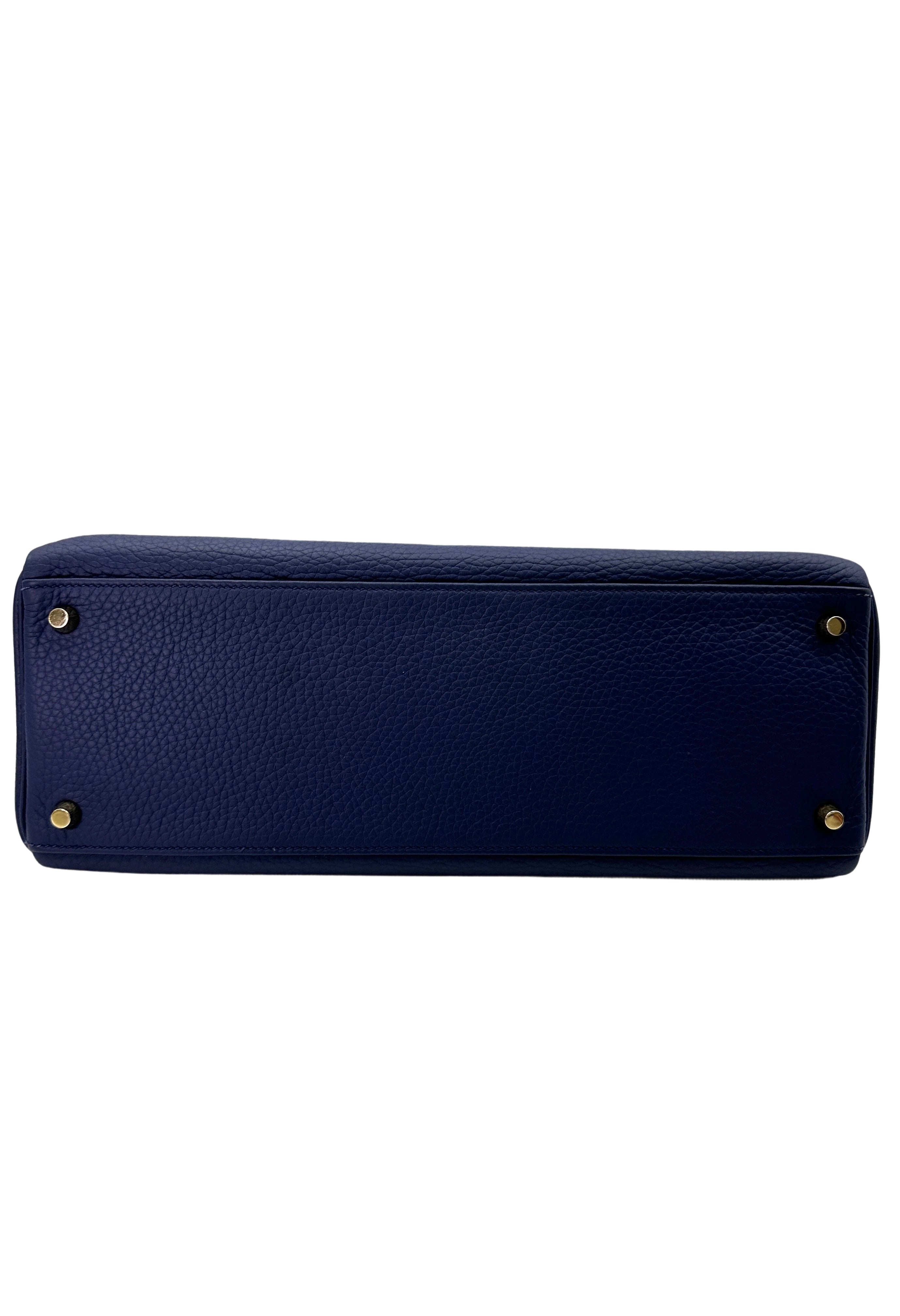 Hermes Kelly 35 Navy Leather Handle Bag With Gold Hardware HR91