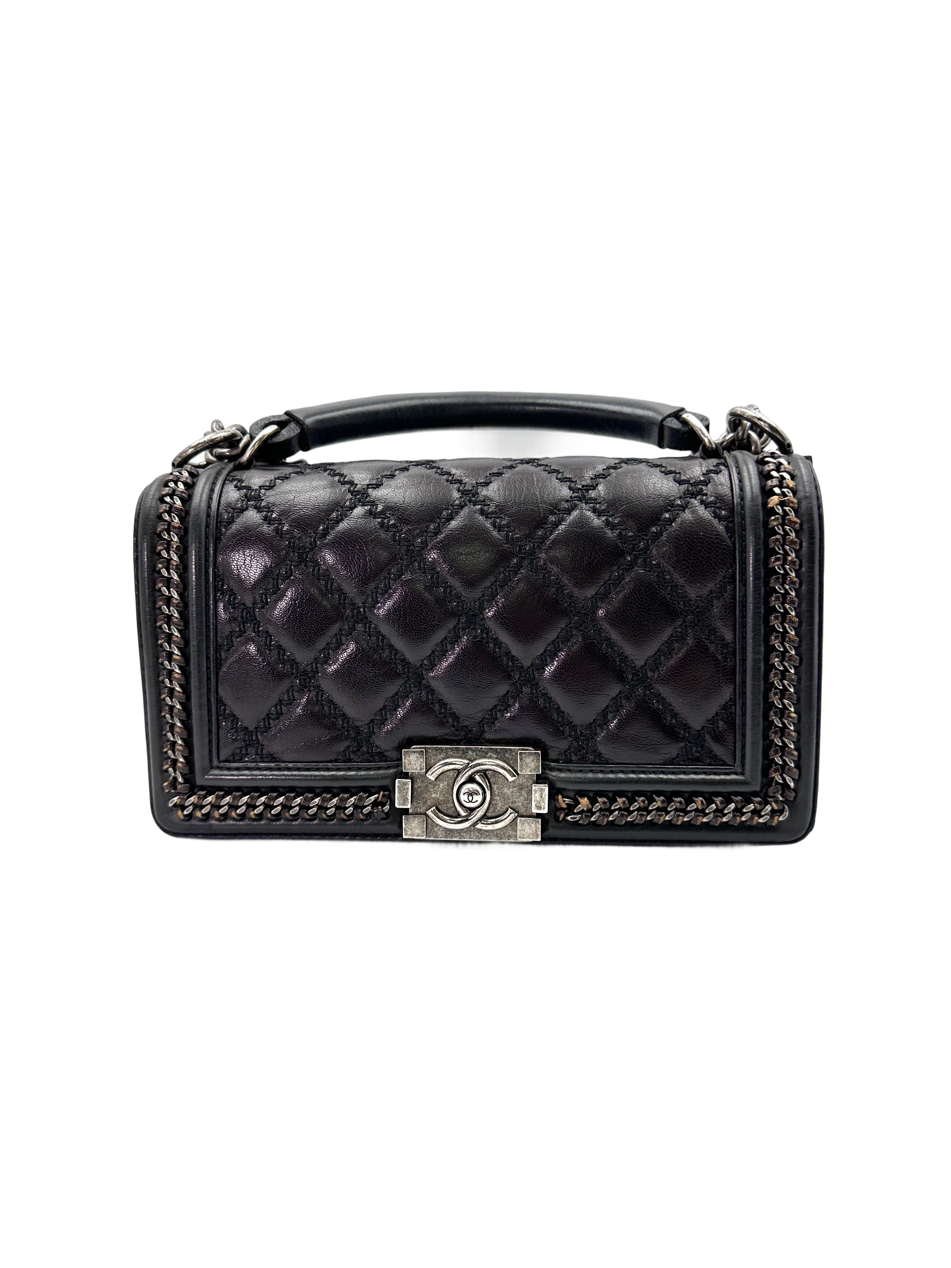 Chanel LeBoy Black Quilted Leather Top Handle Flap Bag With Silver Buckle(21***28) CC1763
