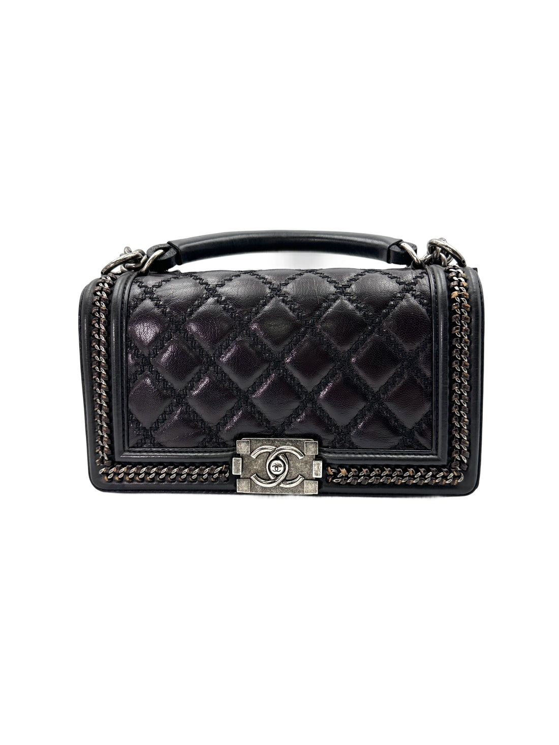 Chanel LeBoy Black Quilted Leather Top Handle Flap Bag With Silver Buckle(21***28) CC1763