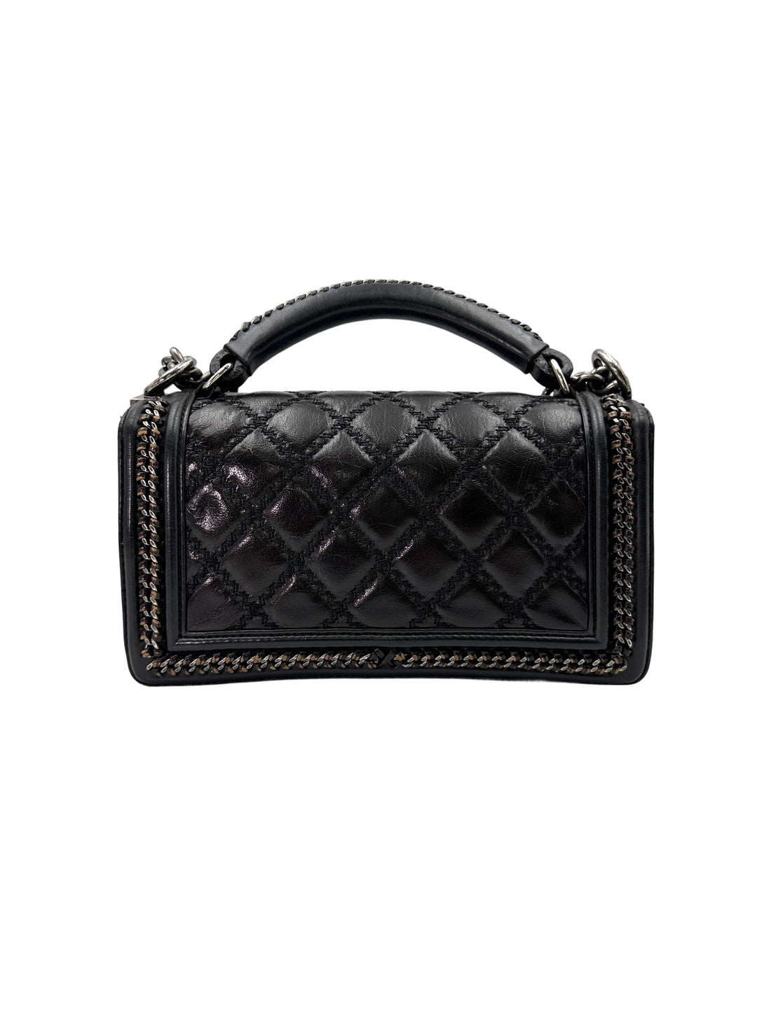 Chanel LeBoy Black Quilted Leather Top Handle Flap Bag With Silver Buckle(21***28) CC1763