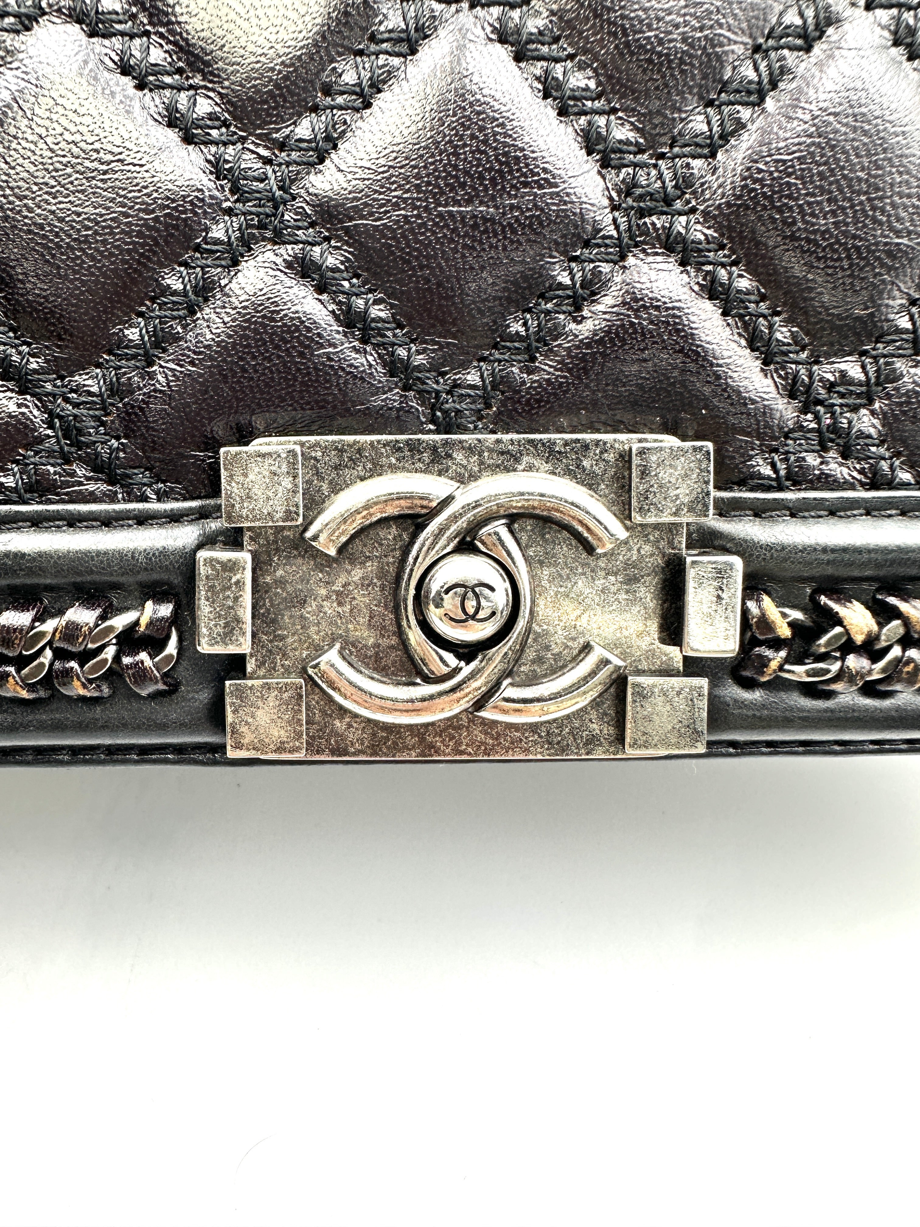 Chanel LeBoy Black Quilted Leather Top Handle Flap Bag With Silver Buckle(21***28) CC1763