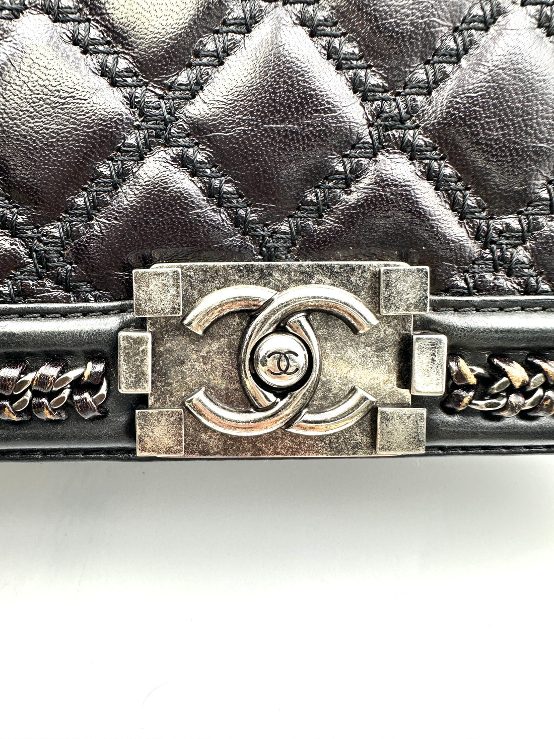 Chanel LeBoy Black Quilted Leather Top Handle Flap Bag With Silver Buckle(21***28) CC1763