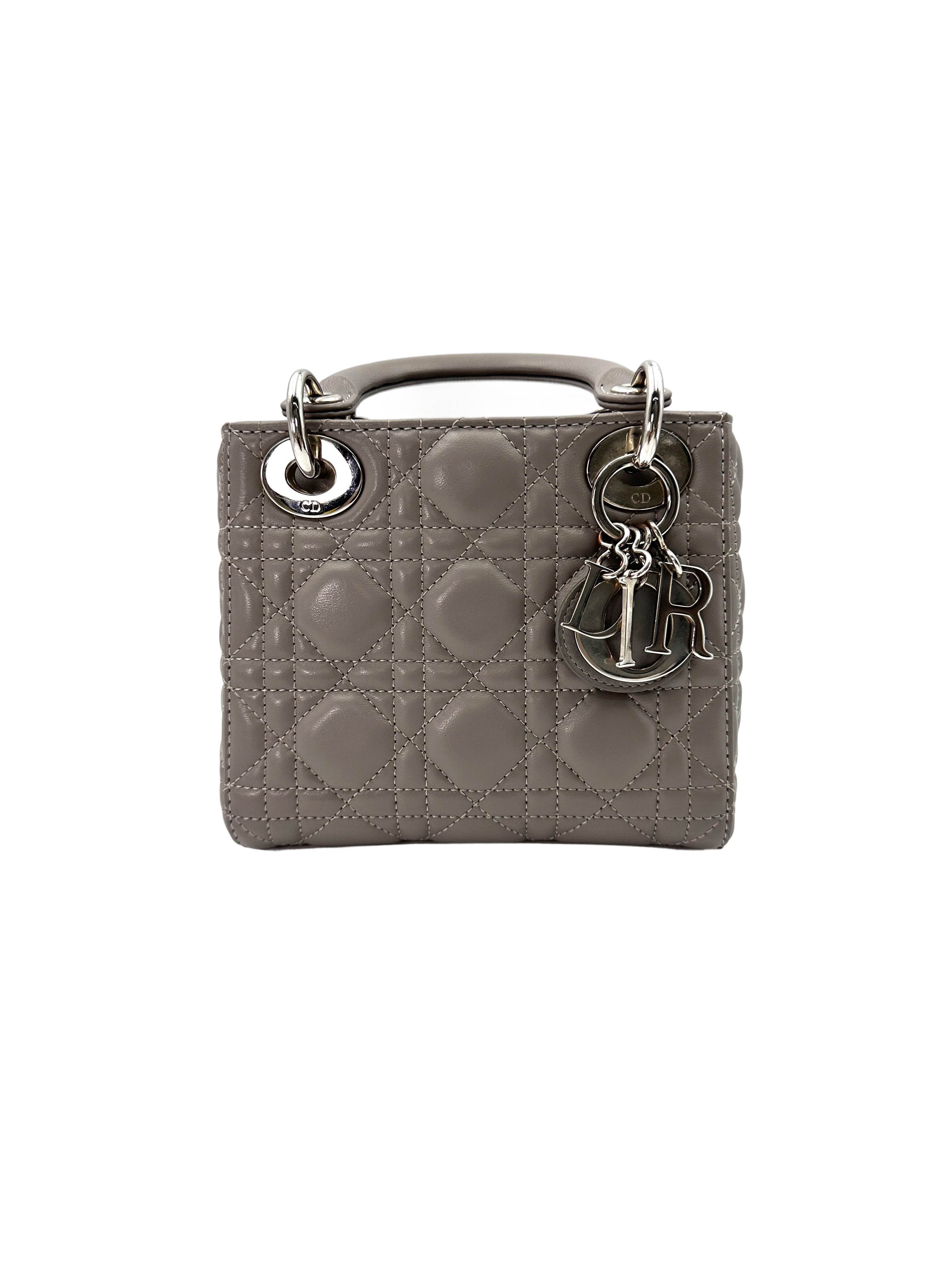 Christian Dior Lady Dior Grey Cannage Leather Handle Bag With Silver Charms DR668