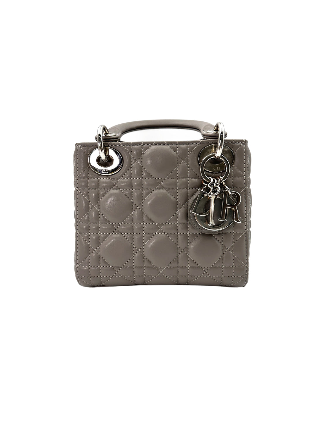 Christian Dior Lady Dior Grey Cannage Leather Handle Bag With Silver Charms DR668