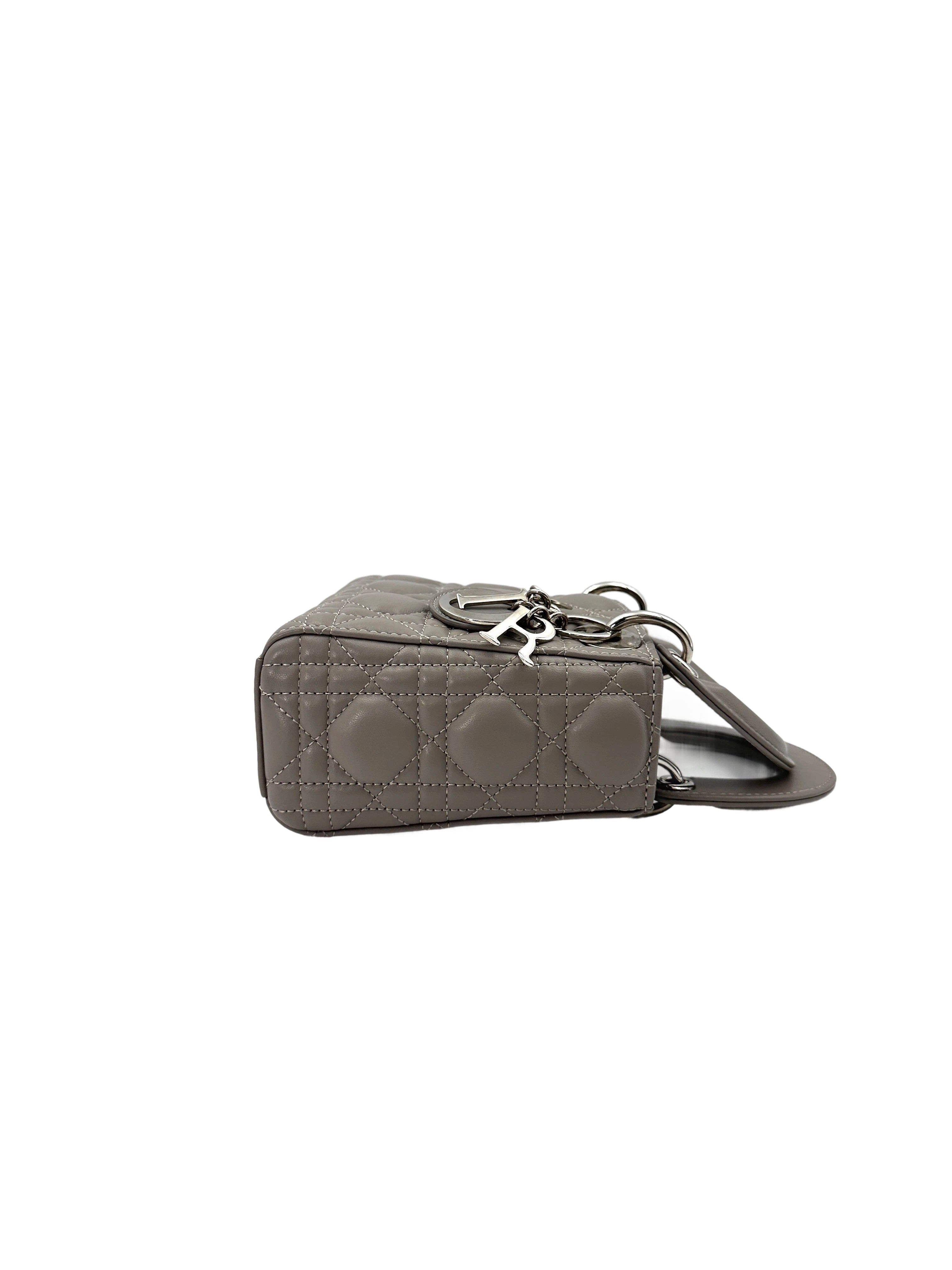 Christian Dior Lady Dior Grey Cannage Leather Handle Bag With Silver Charms DR668