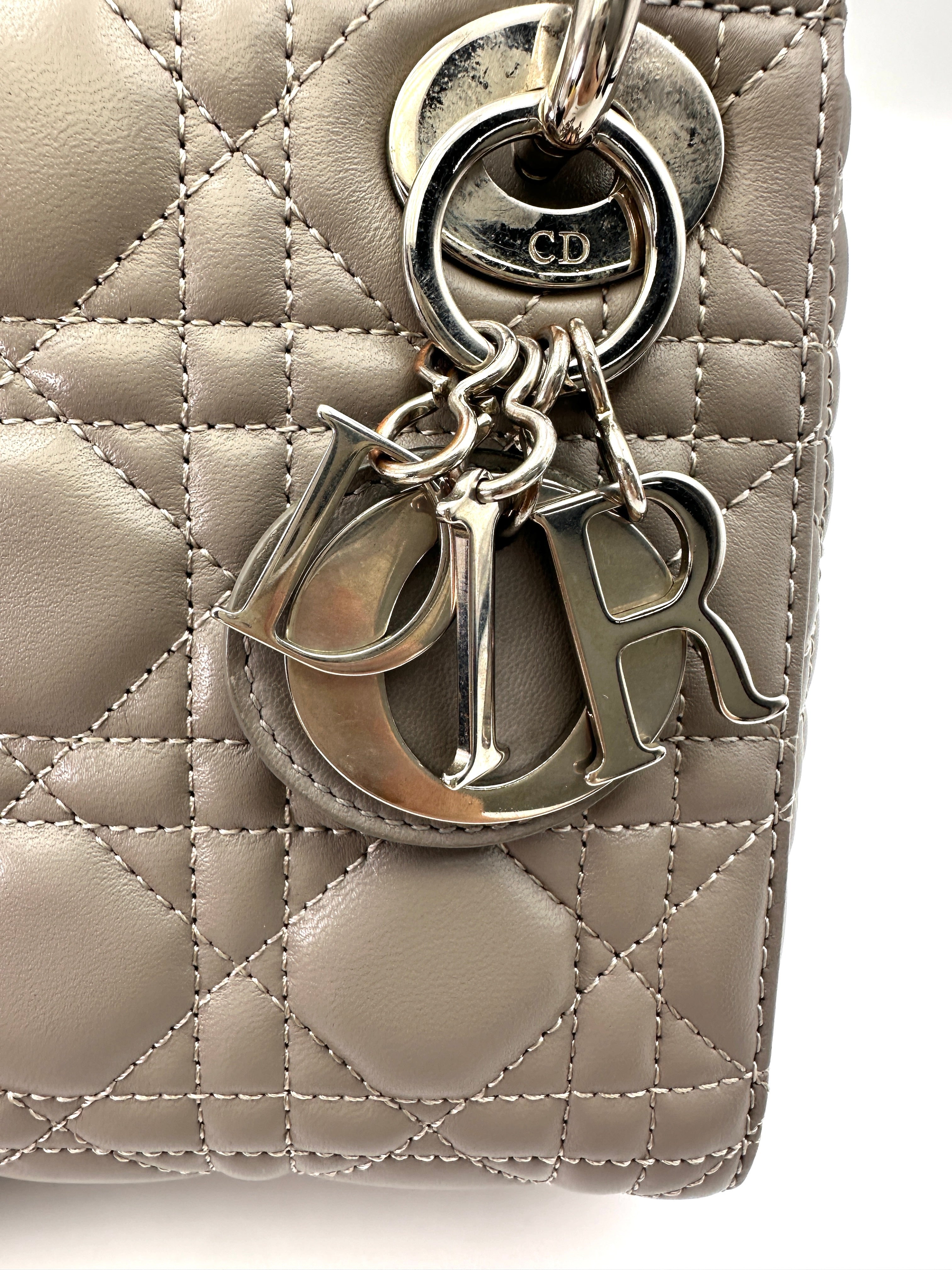 Christian Dior Lady Dior Grey Cannage Leather Handle Bag With Silver Charms DR668
