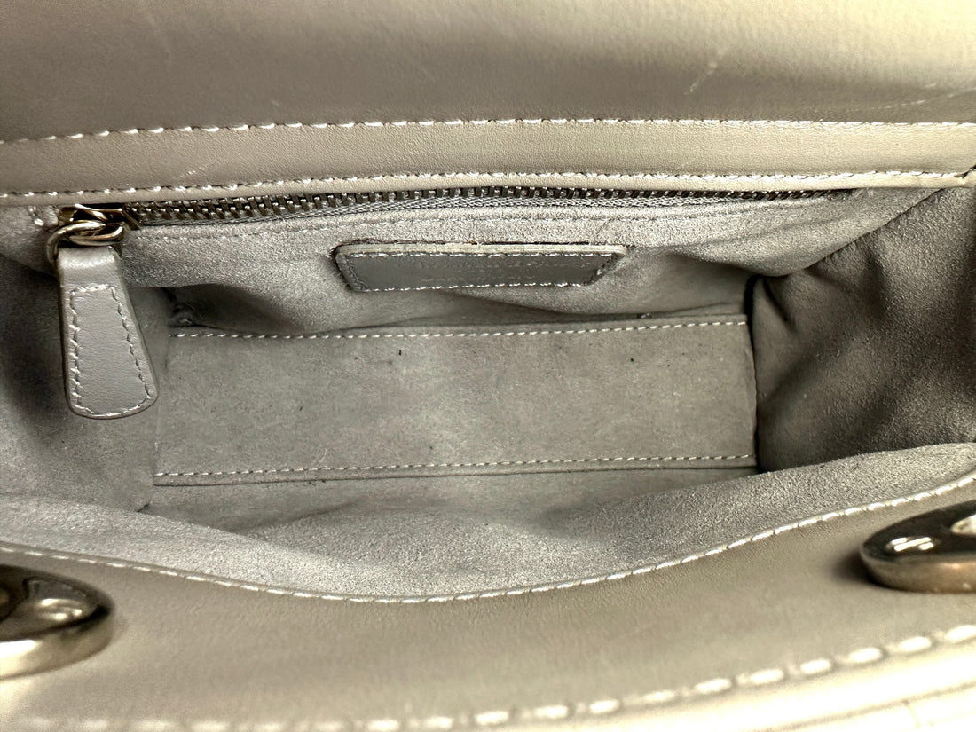 Christian Dior Lady Dior Grey Cannage Leather Handle Bag With Silver Charms DR668