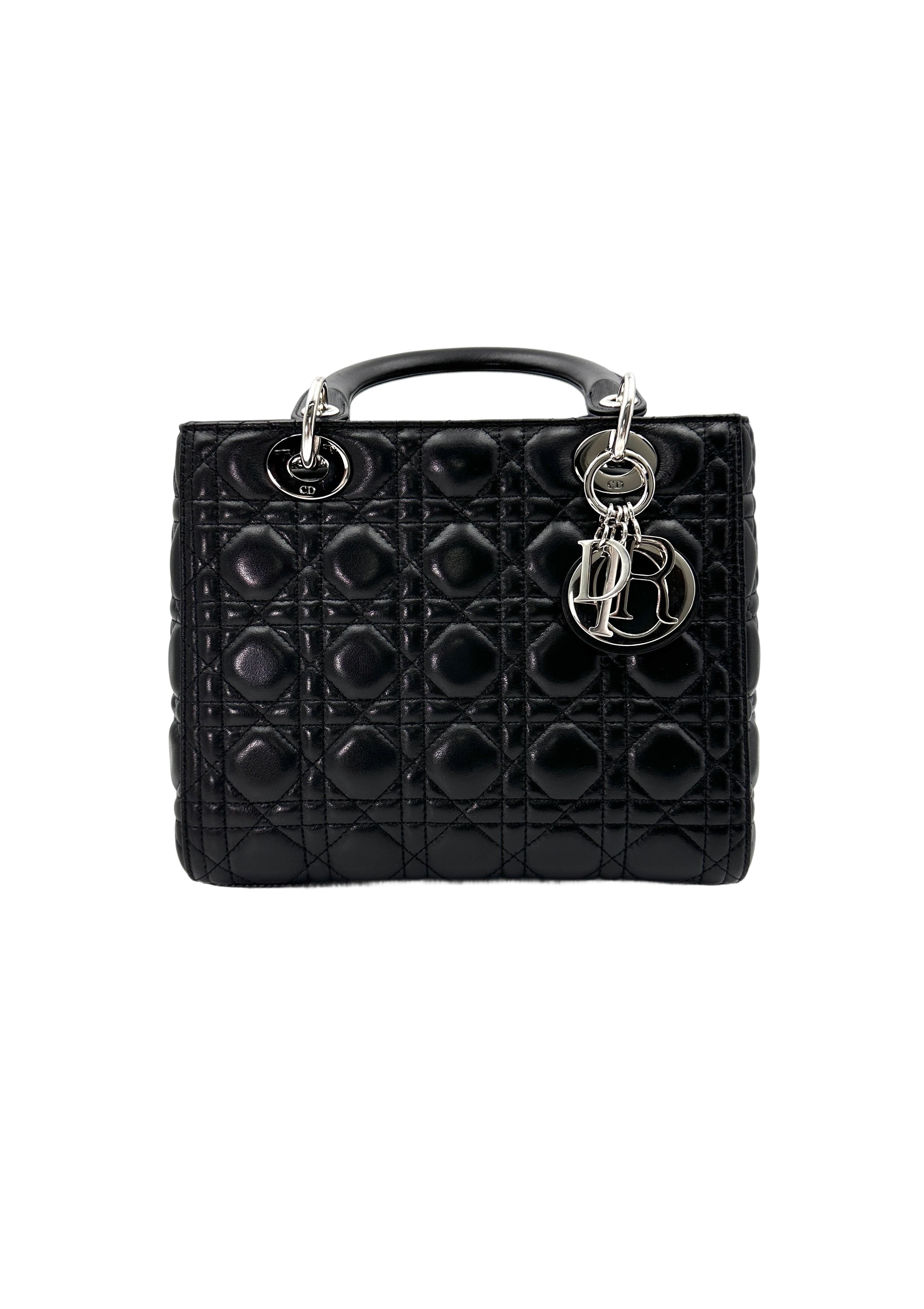 Christian Dior Lady Dior Black Cannage Leather Handle Bag With Silver Charms DR671