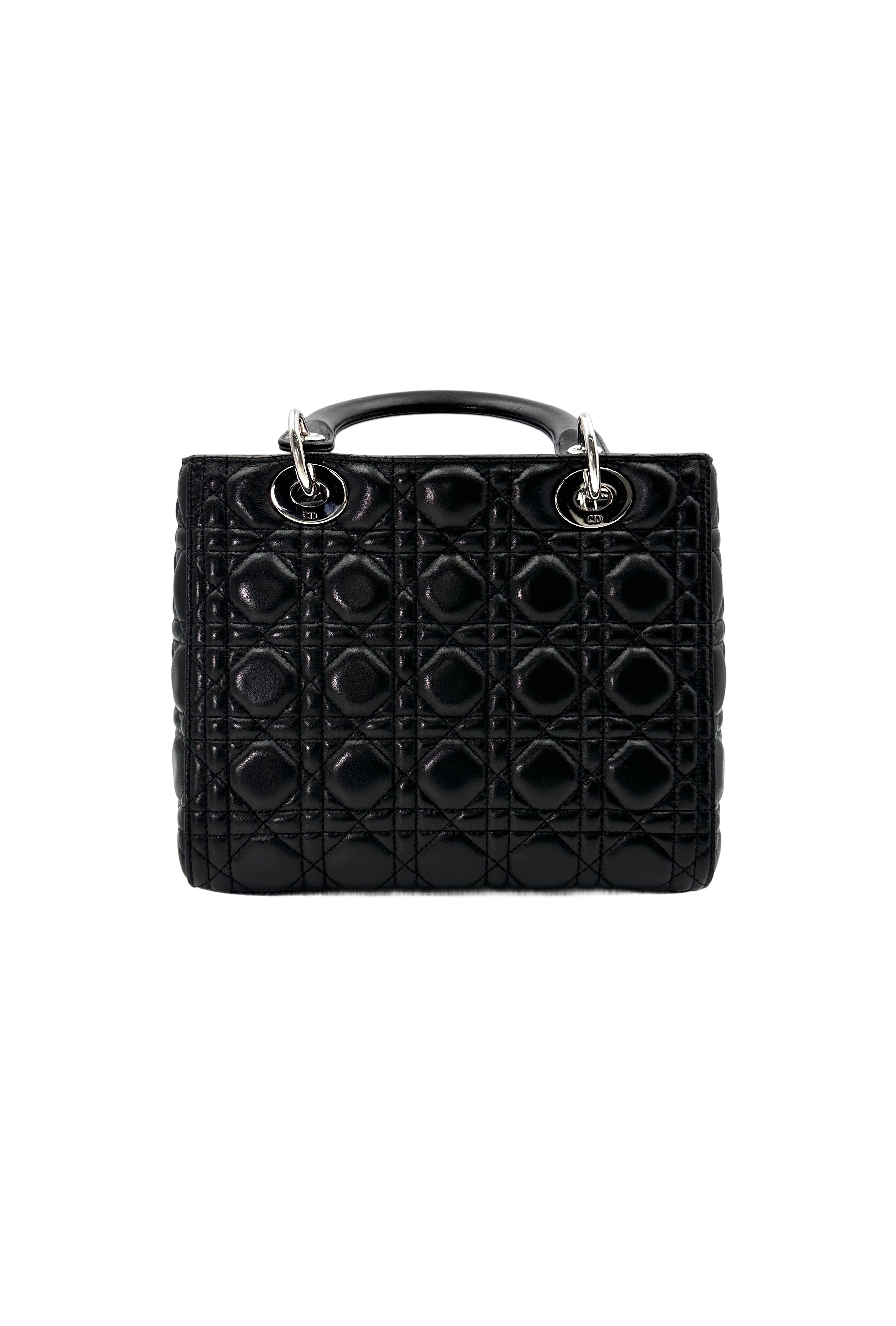 Christian Dior Lady Dior Black Cannage Leather Handle Bag With Silver Charms DR671